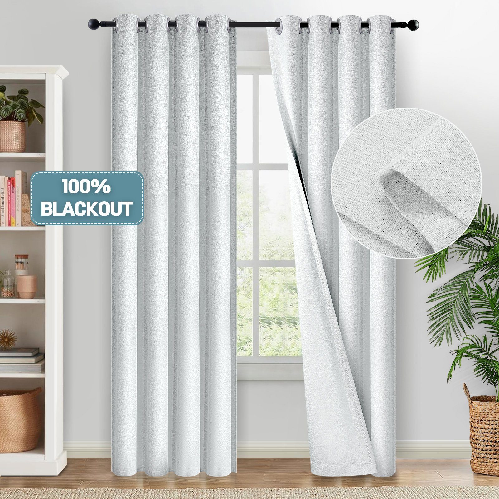 Gardine Leinen Vorhang, Thermovorhang mit Ösen, Verdunklungsvorhänge, 2er, Sunicol, 100% Blickdicht, Kälteschutz, für Wohnzimme, Schlafzimmer Gräuliches Weiß