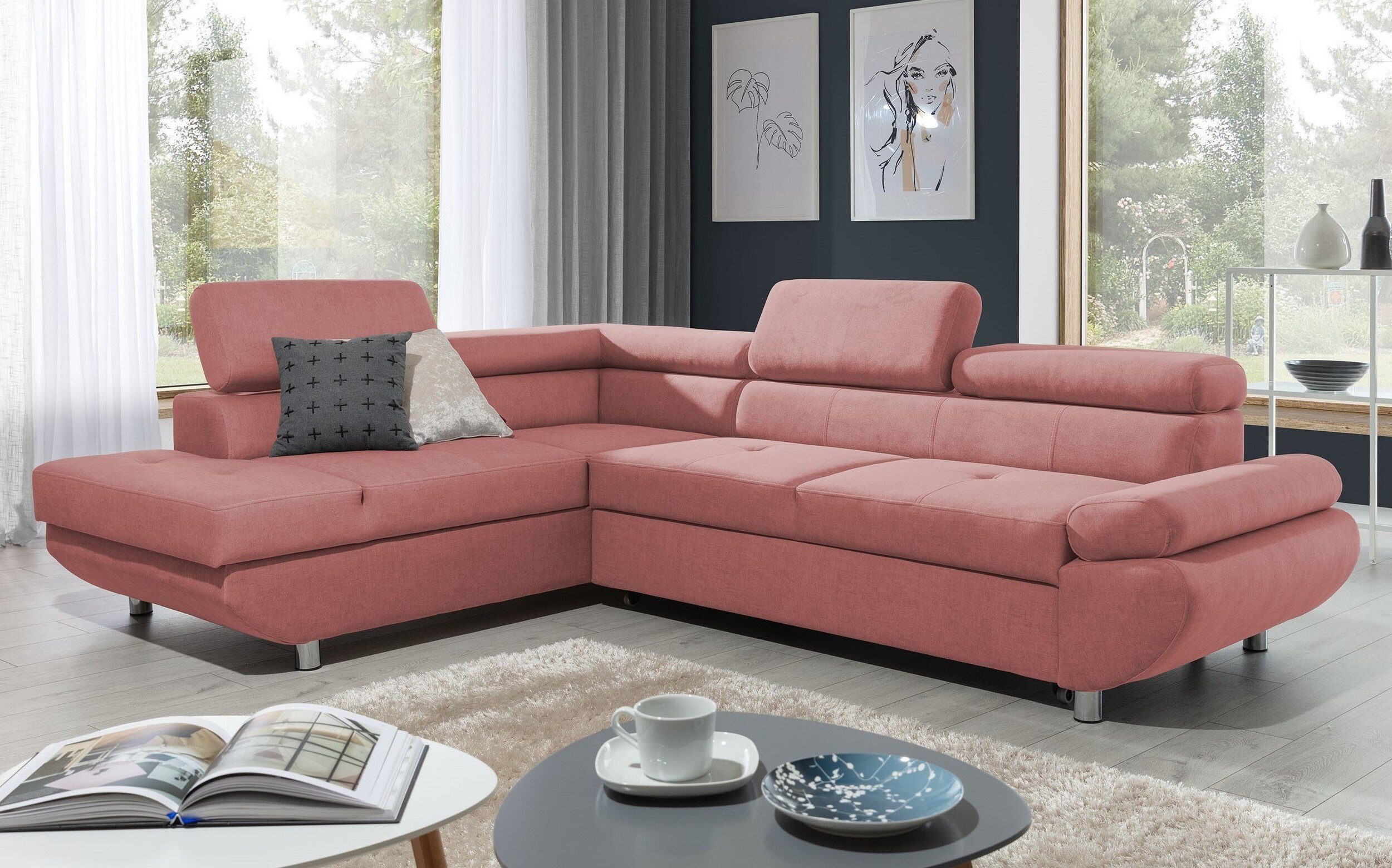 Stylefy Ecksofa Filio, L-Form, Eckcouch, wahlweise mit Bettfunktion und Bettkasten, mane links oder rechts bestellbar, mit Wellenfederung, inklusive Kopfteilverstellung Rosa