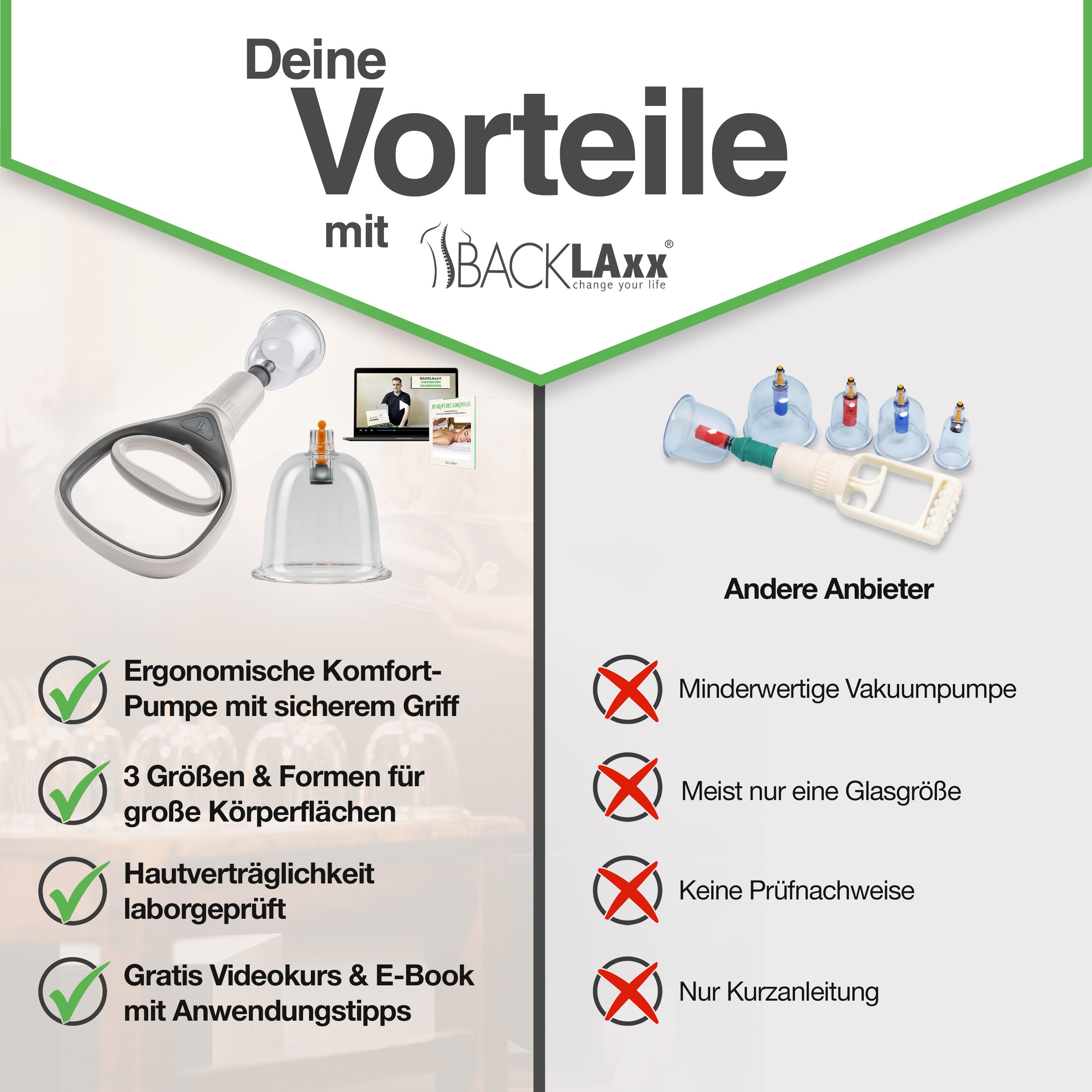 BACKLAxx® Vakuum-Massager Schröpfgläser Set mit Vakuumpumpe - Hochwertiges Schröpfset, 24x Glocken, 6x Therapiemagnete, 1x Vakuumpumpe, 1x Faszienschaber, 1x Sc – Bild 5 von 5