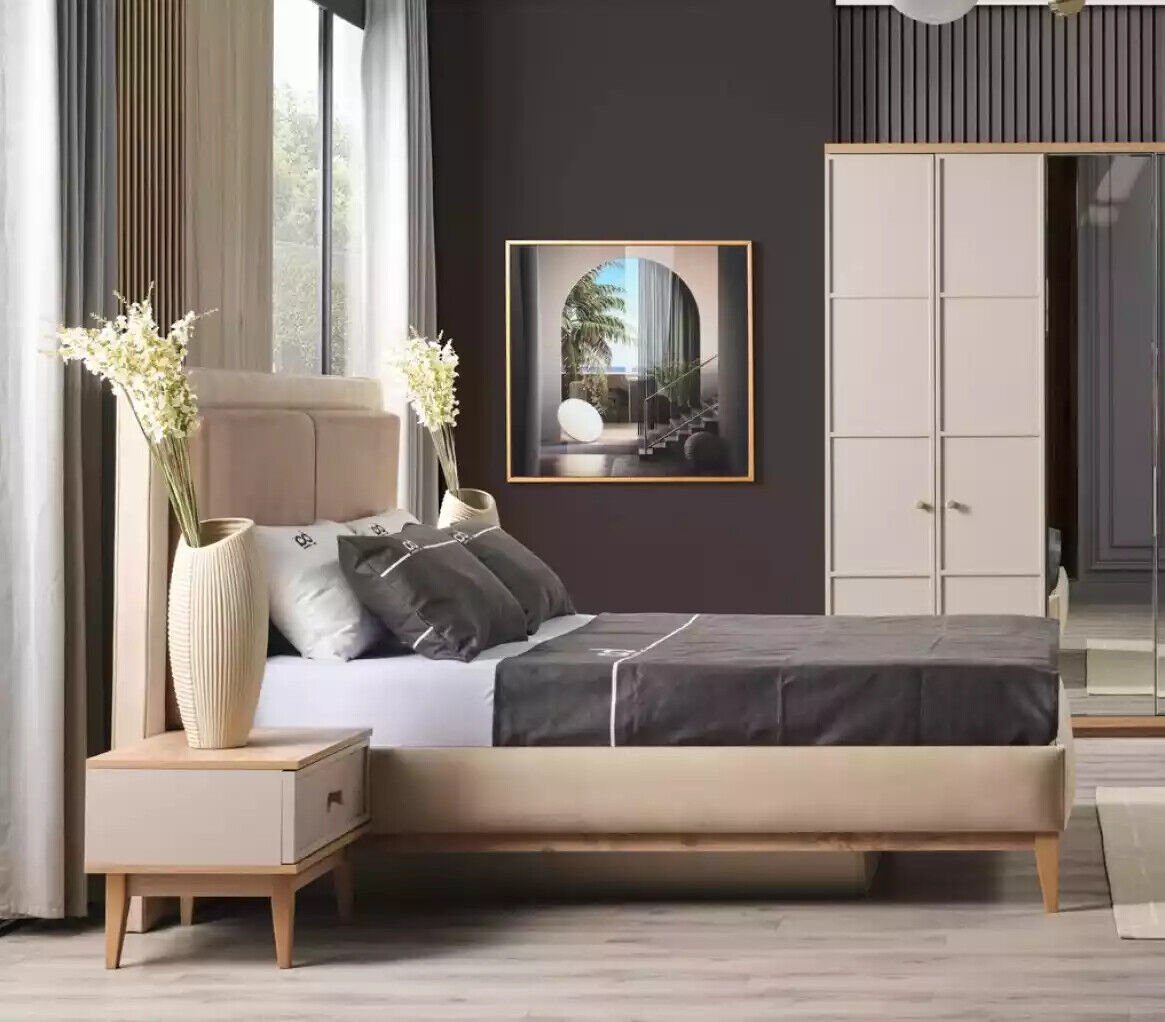 JVmoebel Schlafzimmer-Set Schlafzimmer Bett + 2x Nachttische Holz Komplettes Modern Beige, (3-St., 1x Bett + 2x Nachttische), Made in Italy | Komplett-Jugendzimmer