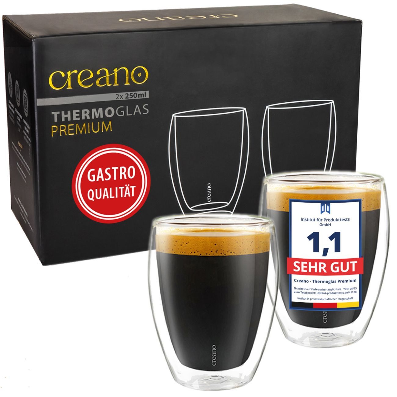 Creano Teeglas Creano doppelwandige Premium Gläser in Gastro Qualität, 2er-Set, 250ml, Borosilikatglas