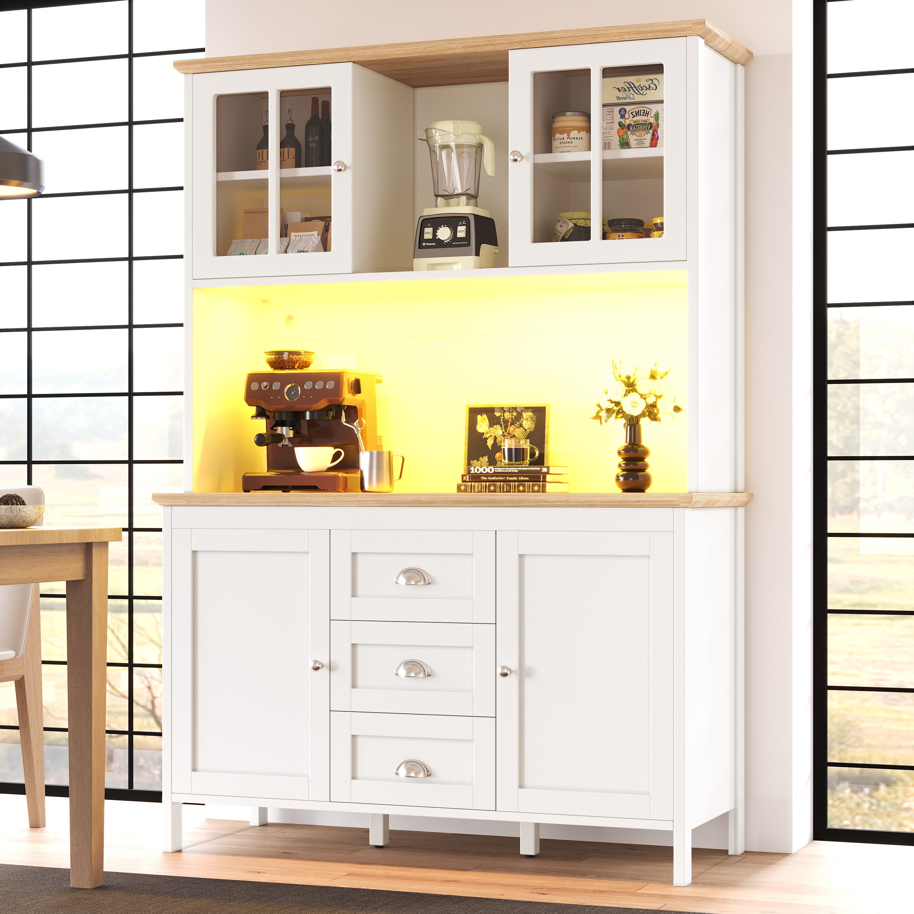 Flieks Küchenbuffet mit LED-Beleuchtung, Schubladen und Glastüren in Retro-Stil (1-St., B120/T40/H179 cm) Hochschrank Küchenschrank Geschirrschrank mit verstellbare Ablagen