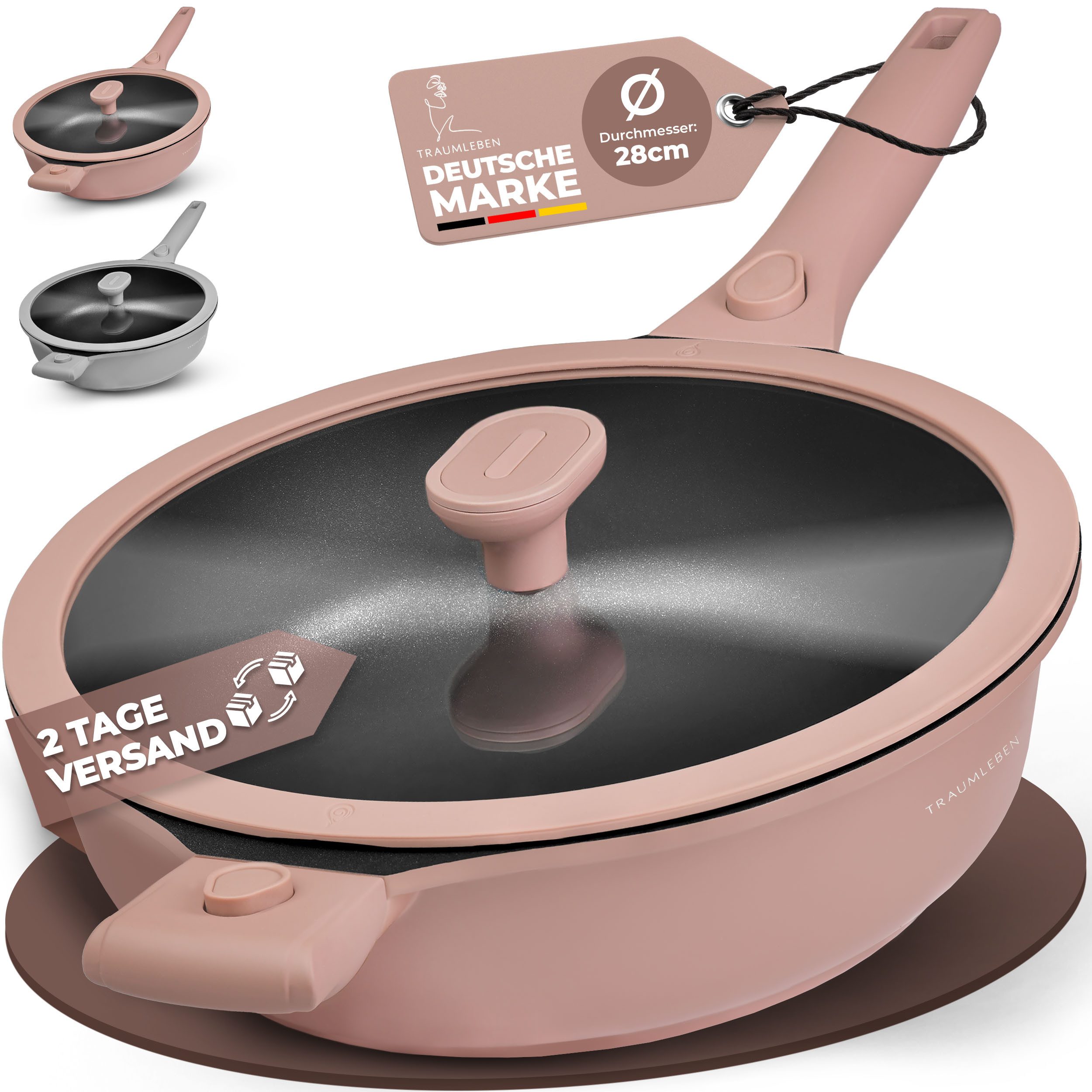 TRAUMLEBEN Bratpfanne 28cm, mit Deckel, abnehmbaren Griffen, Induktion, backofenfest, aus Aluminium, Beschichtete Pfanne, hoher Rand