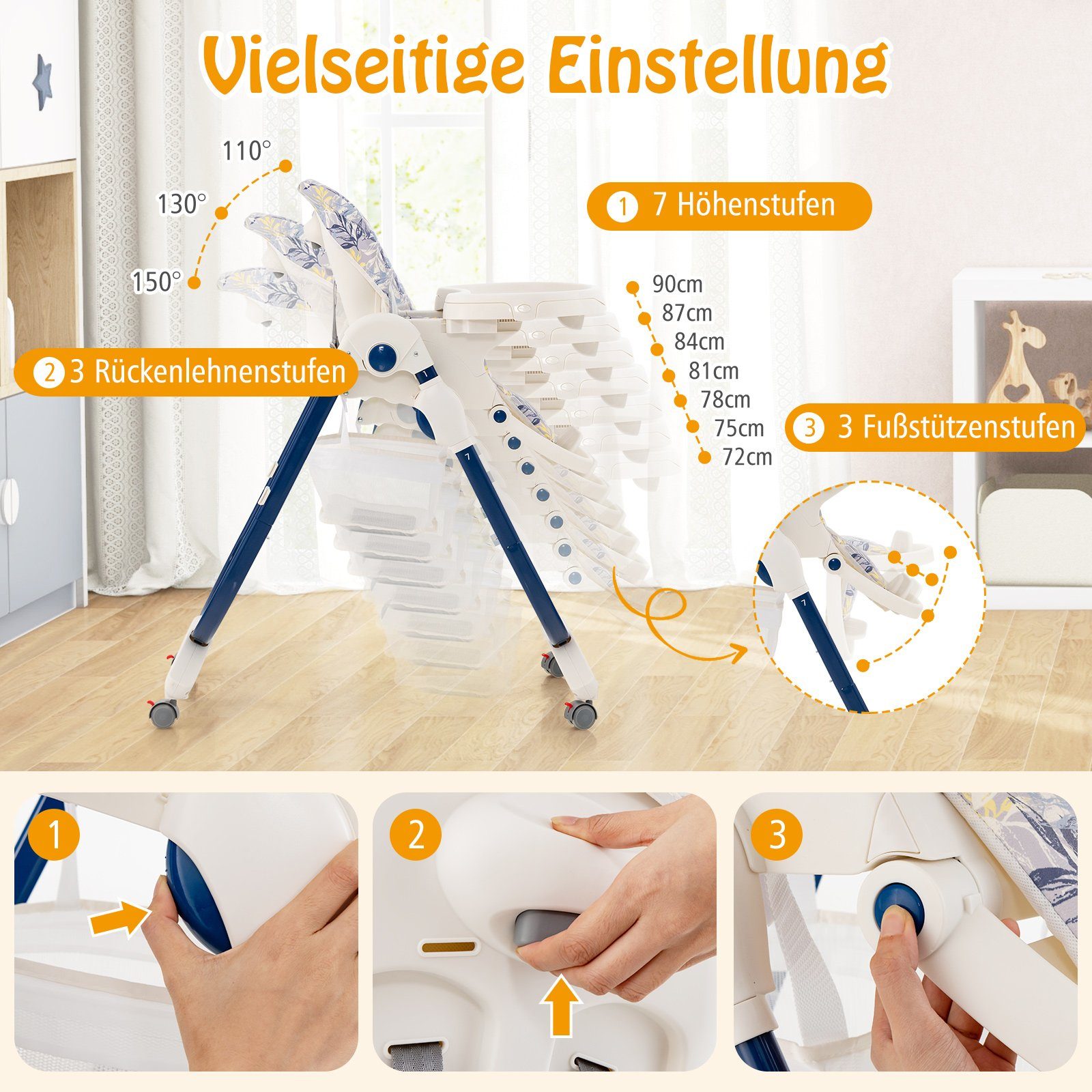 COSTWAY Hochstuhl Babystuhl, klappbar, verstellbar, mit Liegefunktion & Räd günstig online kaufen