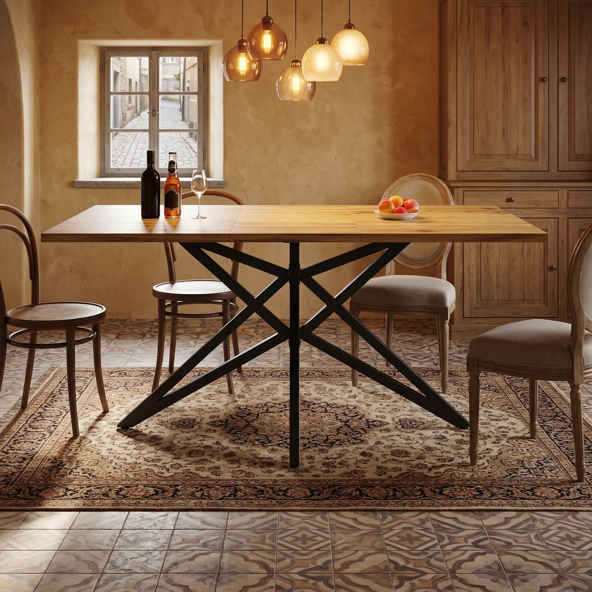 Flieks Esstisch ausziehbarer Tisch (Metallbeine mit verstellbaren Fußstützen, Länge 120-160/T80/H76 cm, 1-St., 1 Tisch), rechteckiger Küchentisch Holzmaserung, sternförmige Tischbeine