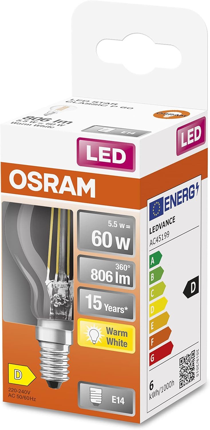 Osram LED-Leuchtmittel OSRAM Filament LED Lampe mit E14 Sockel, Tropfenform, Warmweiss (2700K, 1 St., Osram Filament LED Lampe mit E14 Sockel, Tropfenform, Warmweiss (2700K