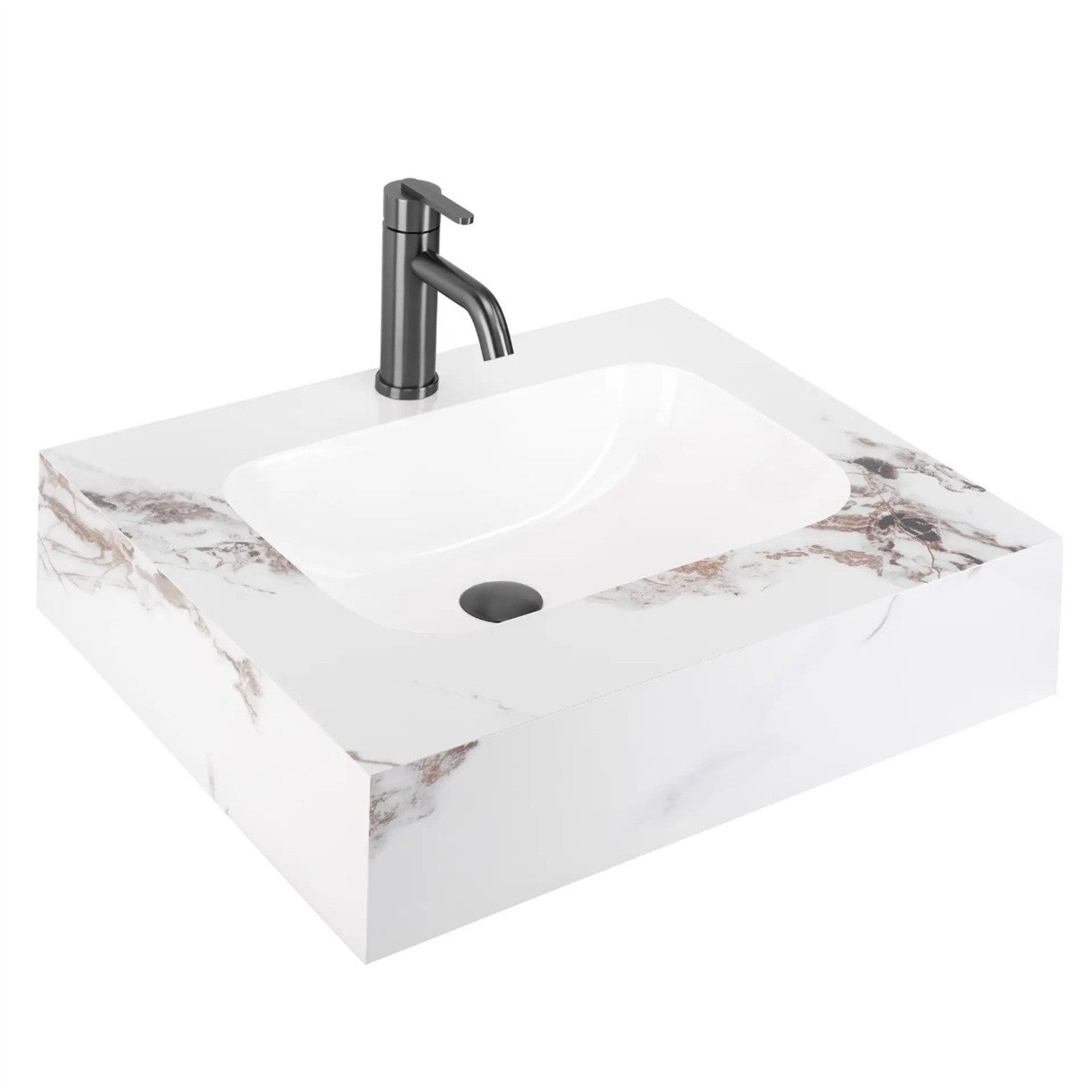 wohnwerk.idee Aufsatzwaschbecken Wandwaschbecken Aresa 60–80 × 50 cm – Weiß Steinoptik, modernes Design (Einzelartikel), Steinoptik, Marmormuster, pflegeleichte Oberfläche, modernes Design