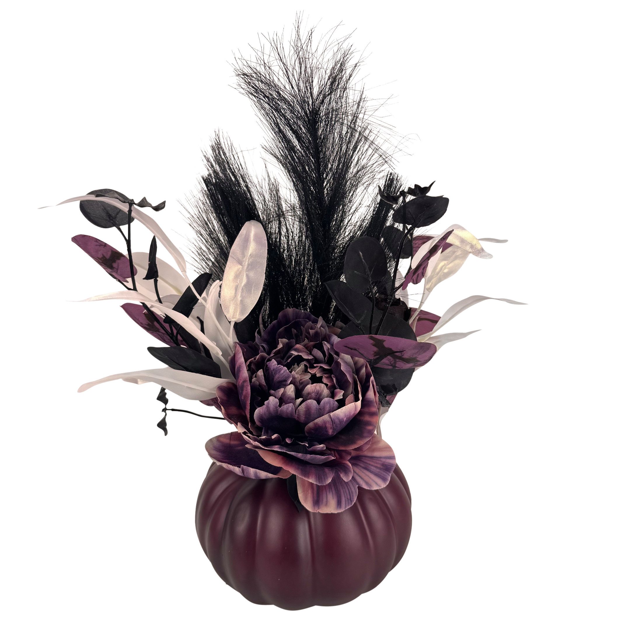 Online-Fuchs Dekofigur Kürbis mit Pfingstrose und Fledermäusen - Deko für Herbst & Halloween (40 cm hoch, stilvoll und pflegeleicht), dunkle Pfingstrose, schwarze Ziergräser und elegantes Blattwerk