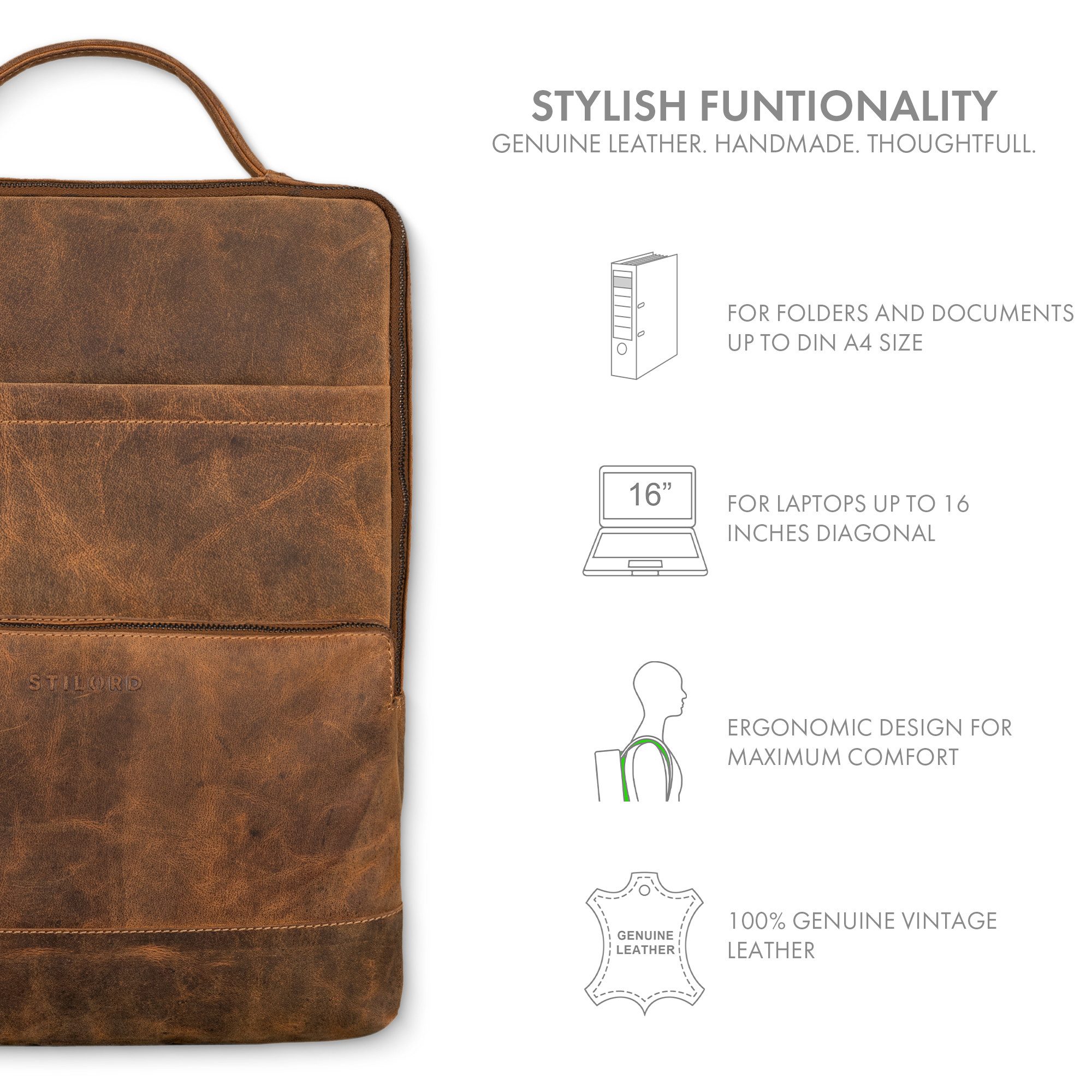 STILORD Notebook-Rucksack "Henning" Großer Lederrucksack Herren mit 16 Zoll Laptopfach