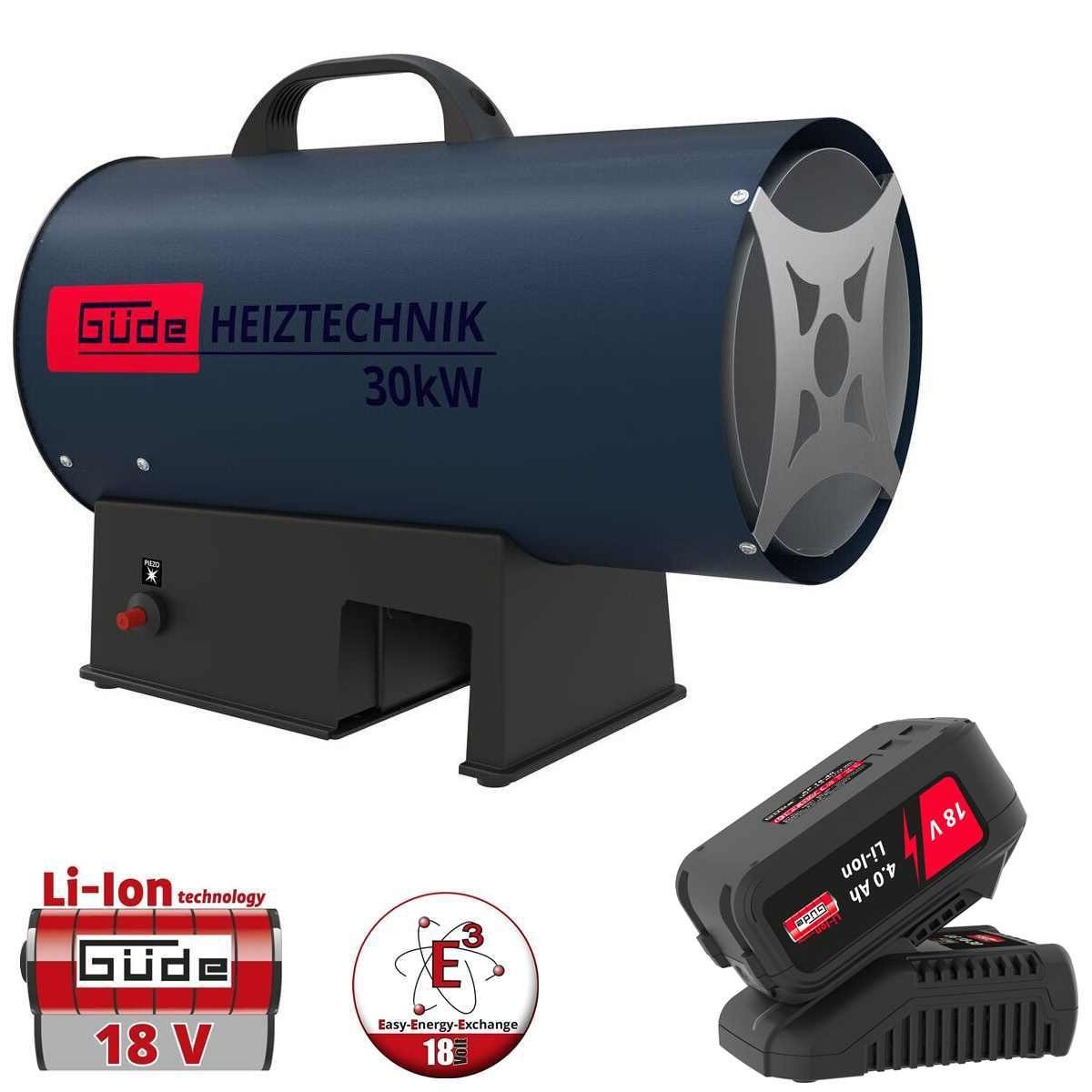 Güde Heizstrahler Akku Gasheizgebläse GH 18 - 30 KW mit Akku 4.0 Ah & Scnell Ladegerät