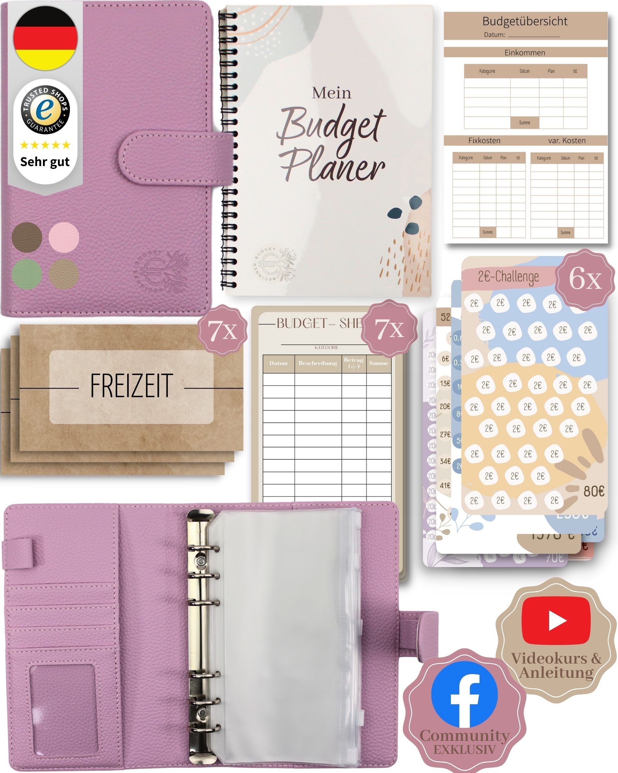 BeginnerBudget Ringbuchkalender Budget Planner & Haushaltsbuch Starter-Set: Sparbuch & Spar-Challenges, Sparen mit Umschlagmethode + Anleitung - Ringbuch - Binder A6