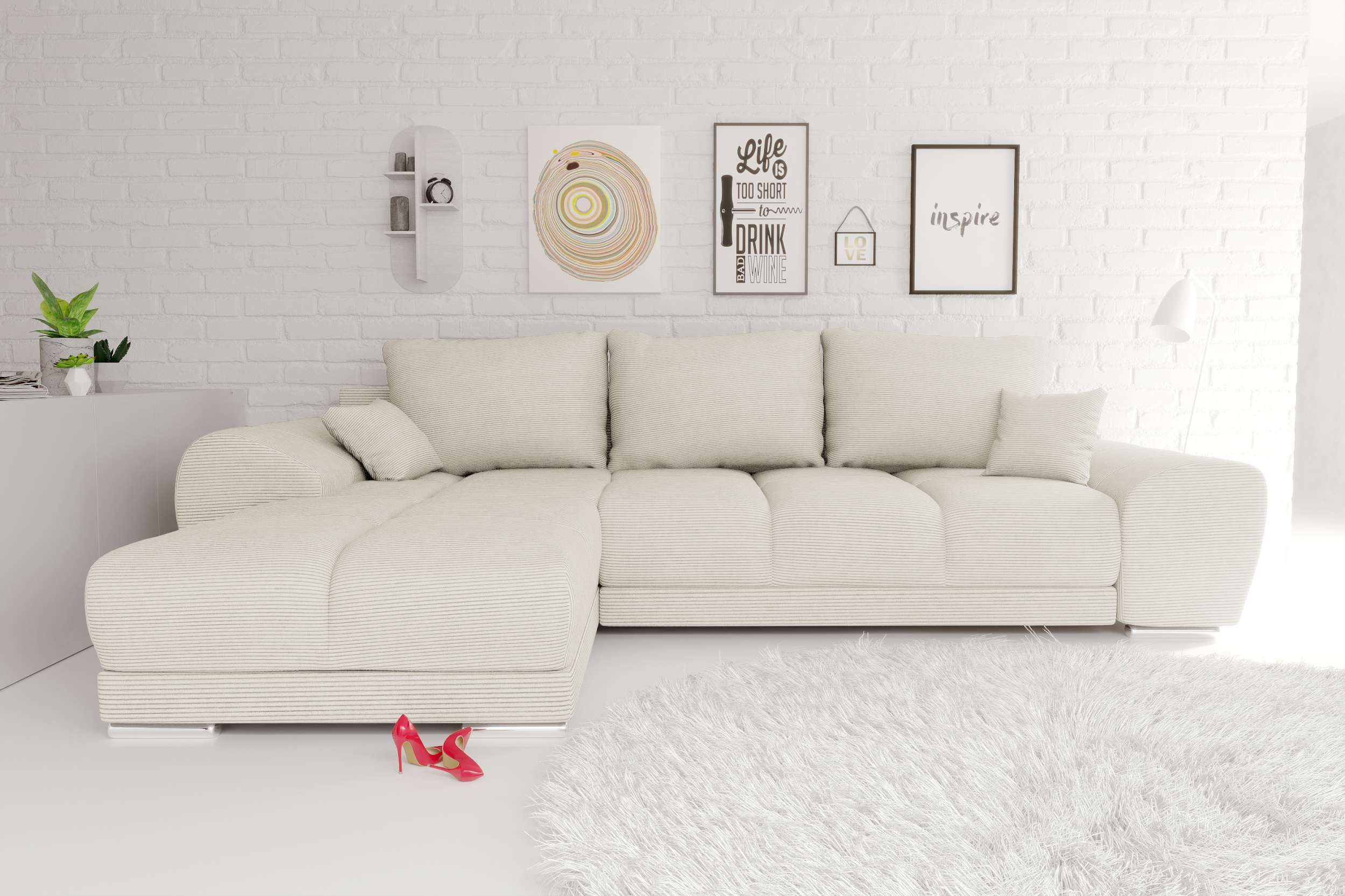 99rooms Ecksofa Antalya, Sofa L-Form, Eckcouch, mit Rückenkissen, Schlaffunktion, Cordstoff POSO