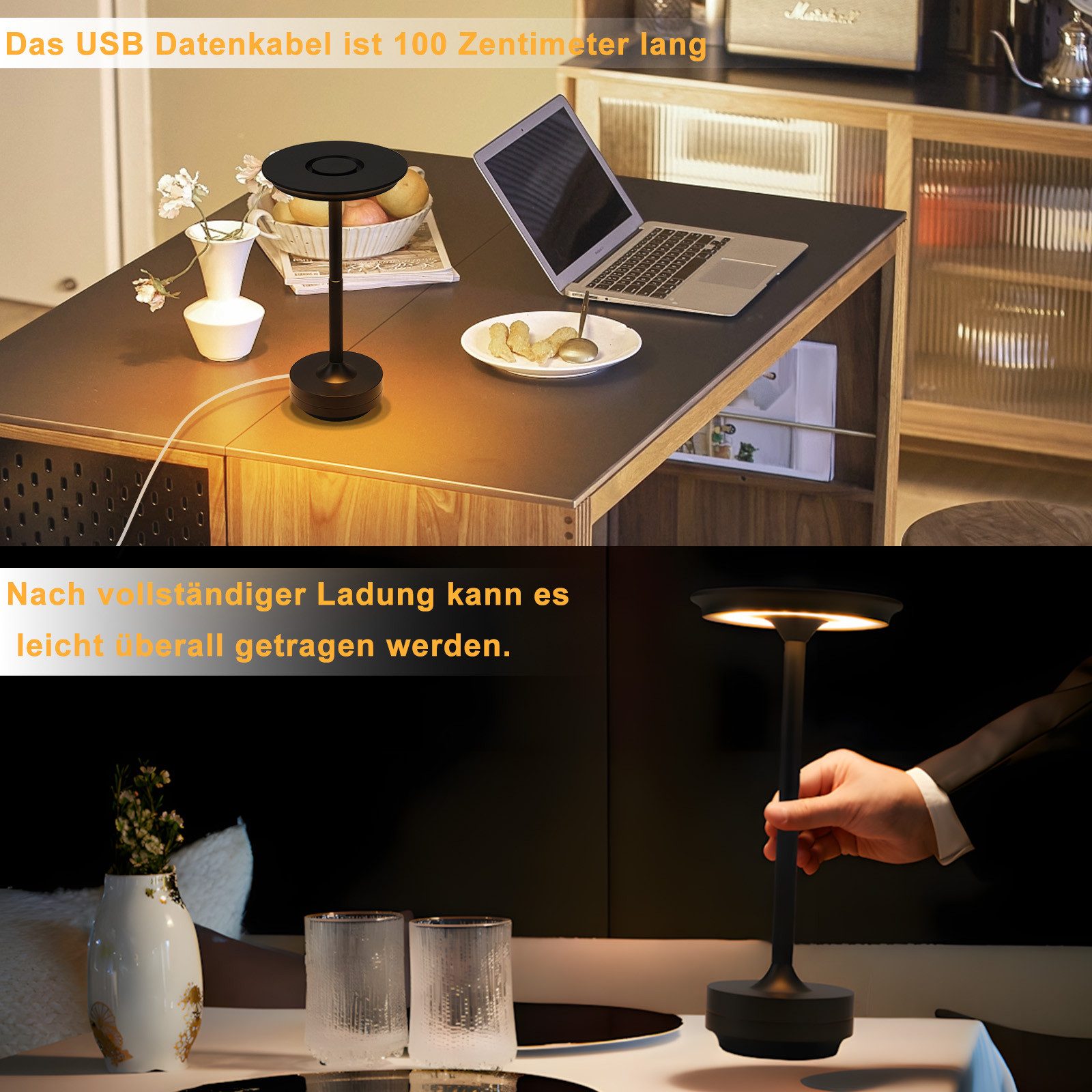 ZMH LED Tischleuchte kabellose Akku-Nachttischlampe, Dimmbar, Touch-Steuerung, 3 Lichtfarben, USB-C-aufladbar, LED fest integriert, Warmweiß, Neutralweiß, Kaltw – Bild 4 von 5