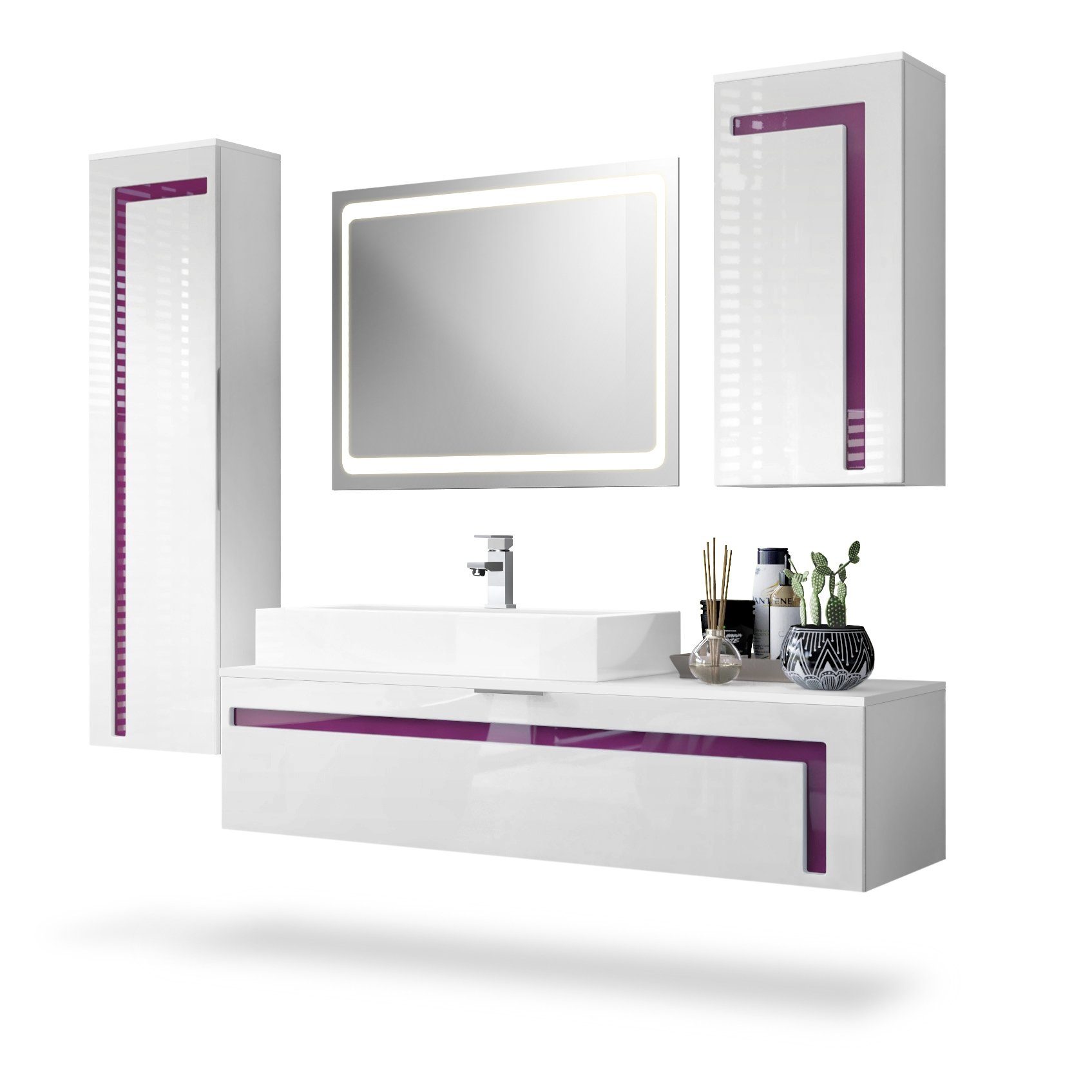 Vladon Badmöbel-Set Aloha, (Badezimmer-Set mit 2 Hochschränken, 1 Unterschrank, LED-Spiegel und 1 Waschbecken mit Armatur), Weiß matt&glänzend, Absetzungen in Brombeer glänzend (210x51x185 cm)