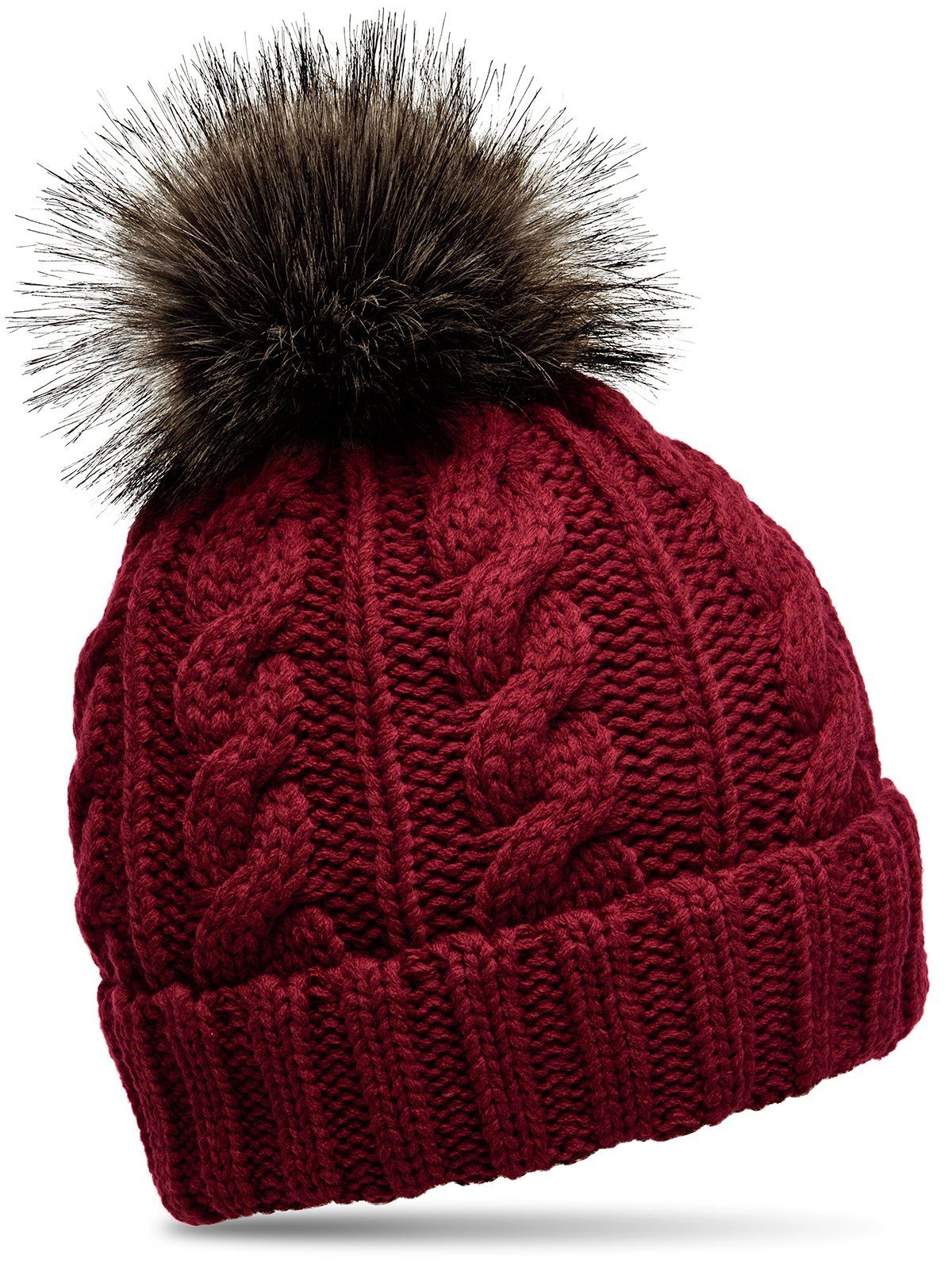 weinrot MU104 Strickmütze Fellbommel Caspar Winter Damen mit Bommelmütze