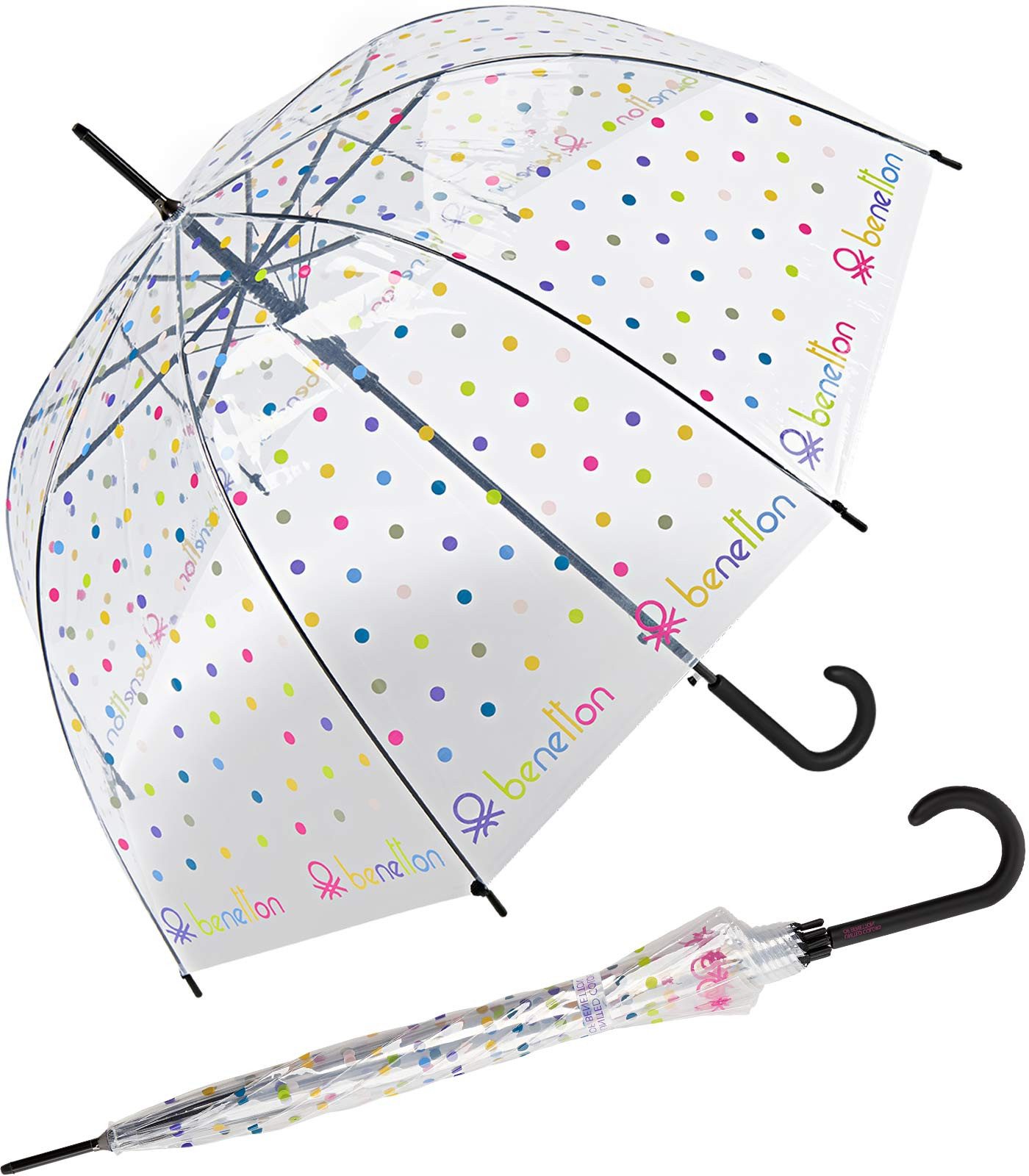 United Colors of Benetton Stockregenschirm Glockenschirm mit Automatik transparent-farbig, bedruckt mit bunten Punkten - Signature Dot