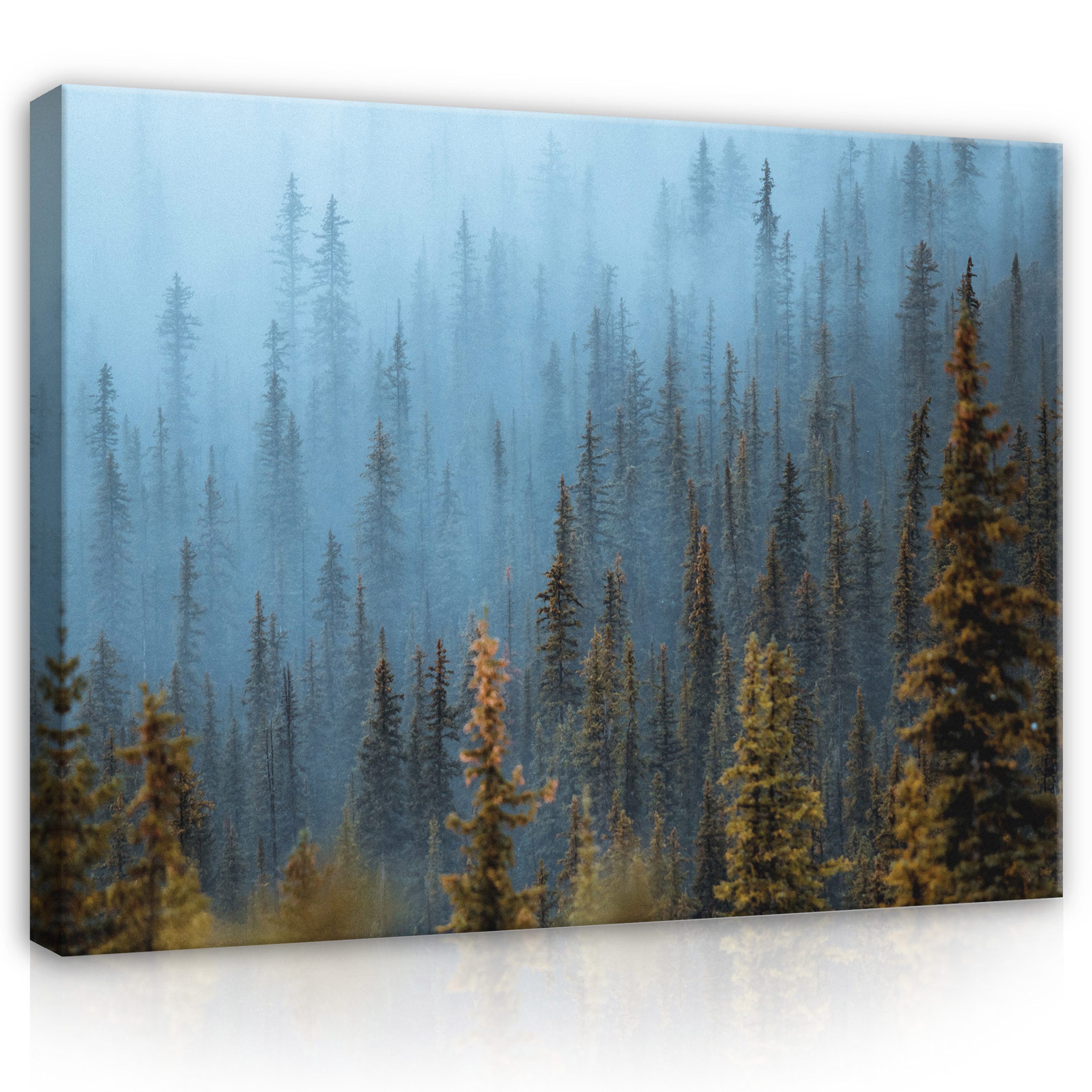 Leinwandbild Wald im Nebel Landschaft Natur Blau Wandbilder Wand Deko XXL Bilder