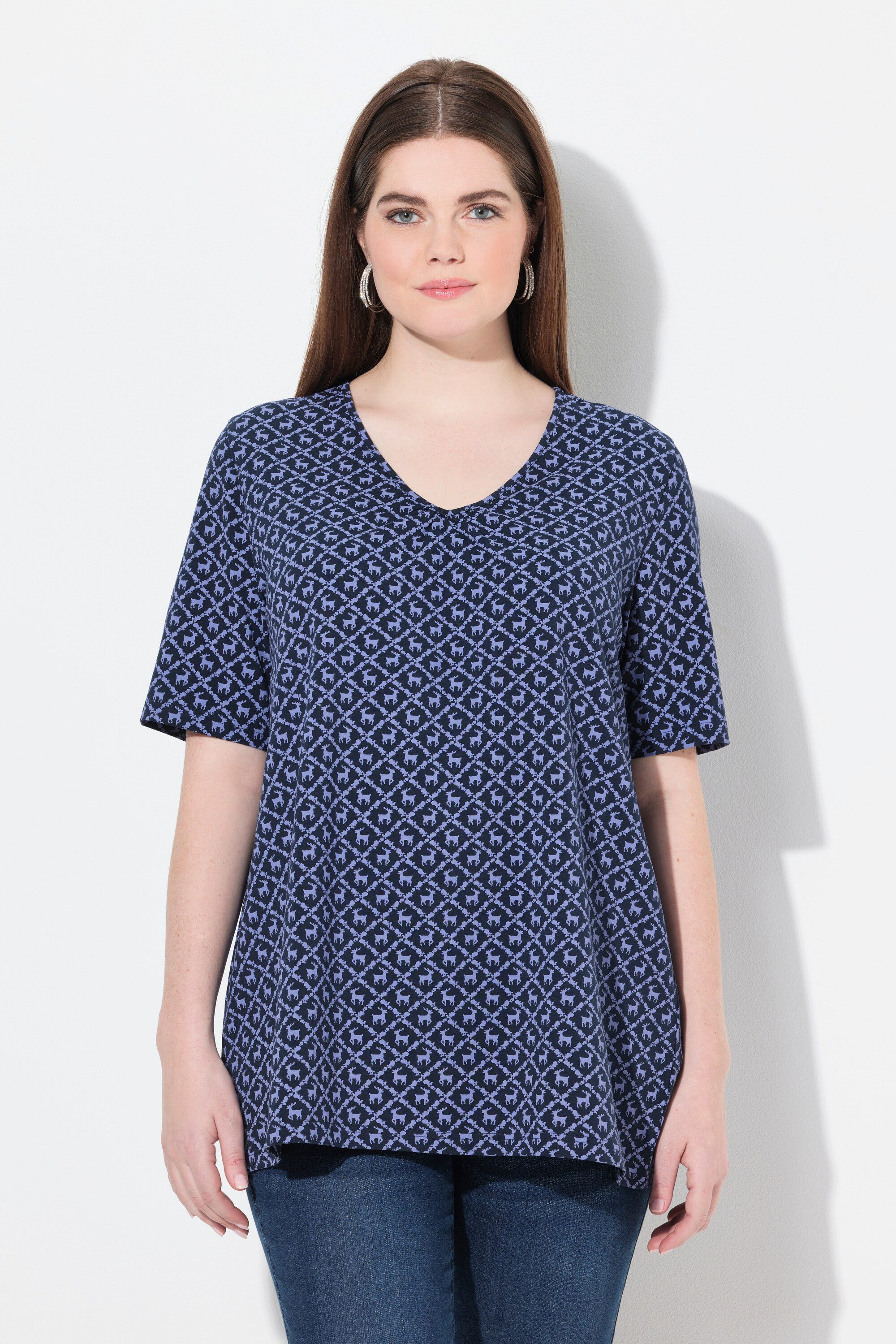 Ulla Popken T-Shirt T-Shirt Trachtenmuster A-Linie V-Ausschnitt günstig online kaufen