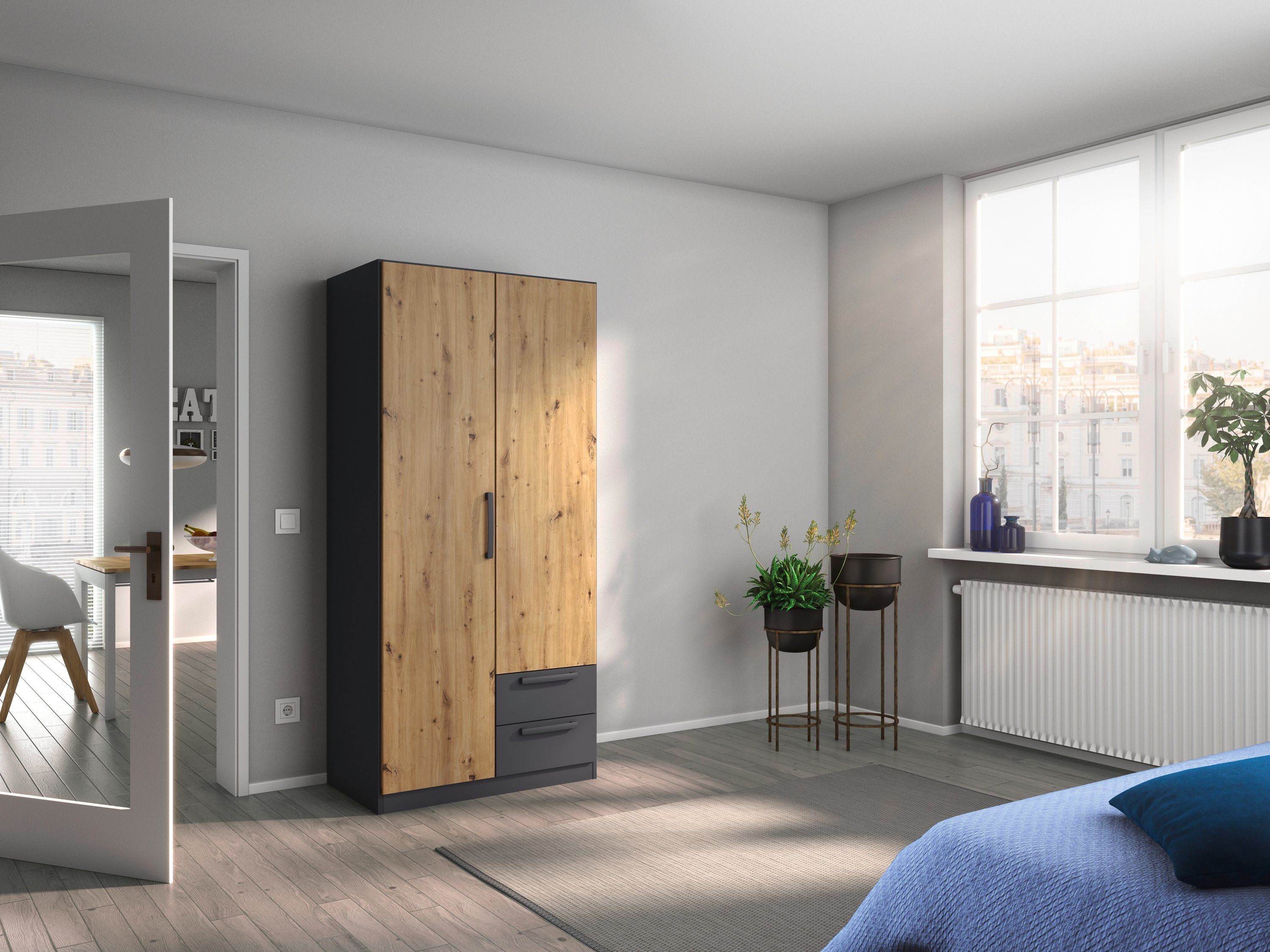 rauch Drehtürenschrank StyleUp Typ Dark & Wood mit trendigen farblich abgesetzten Griffen