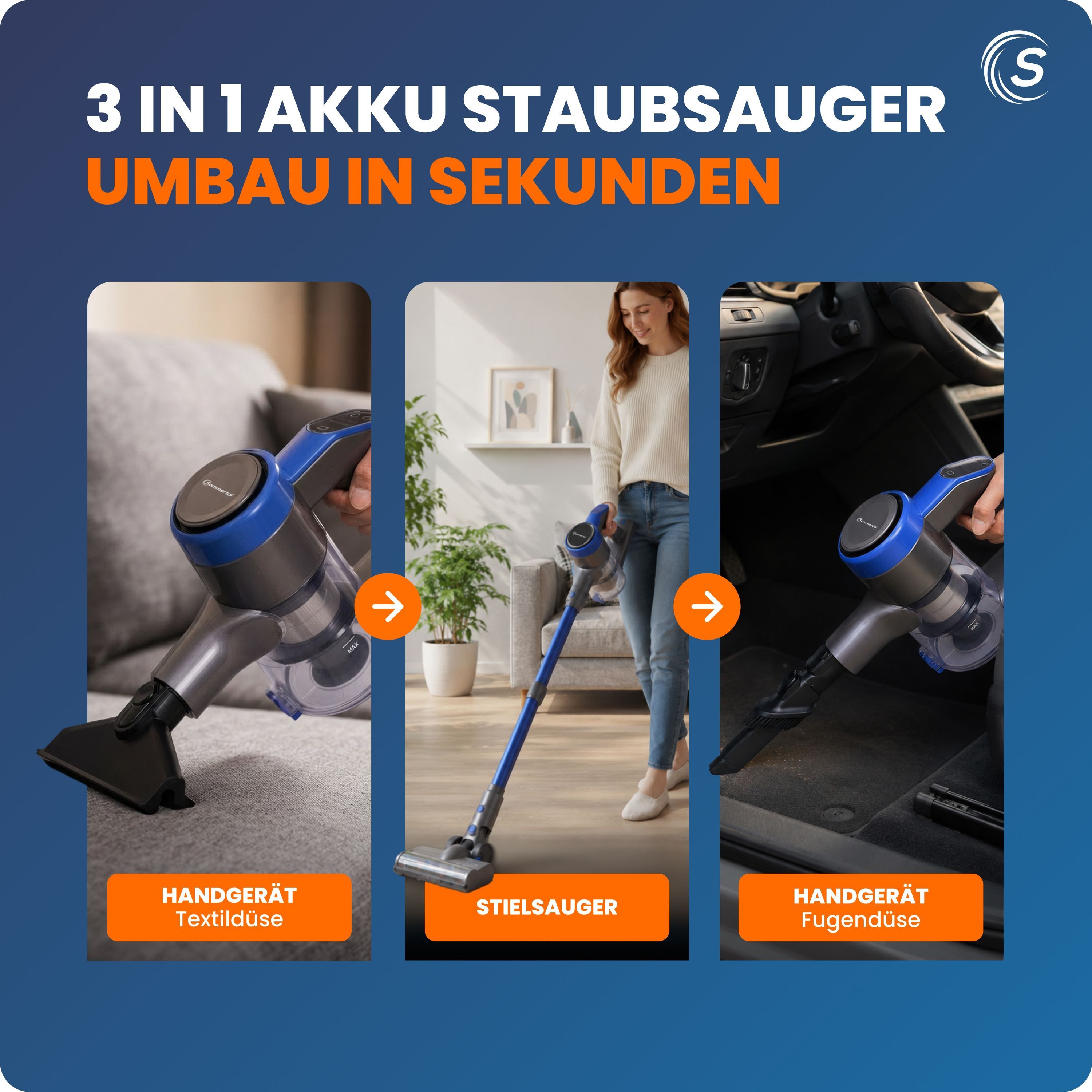 Sommertal Akku-Handstaubsauger Akku Staubsauger VARIO150 3-Stufen Turbosauger mit 45min Laufzeit, für 300m² Teppich Hartböden Tierhaare LED Akkustaubsauger