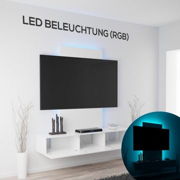 TroniTechnik Lowboard TV Board Velan (140cm x 38,5cm x 26cm) (Optimal für Ihre Multimedialandschaft, Melaminbeschichtete Spanplatte), Vorgebohrte Führungen für Kabel, inkl. LED-Beleuchtung