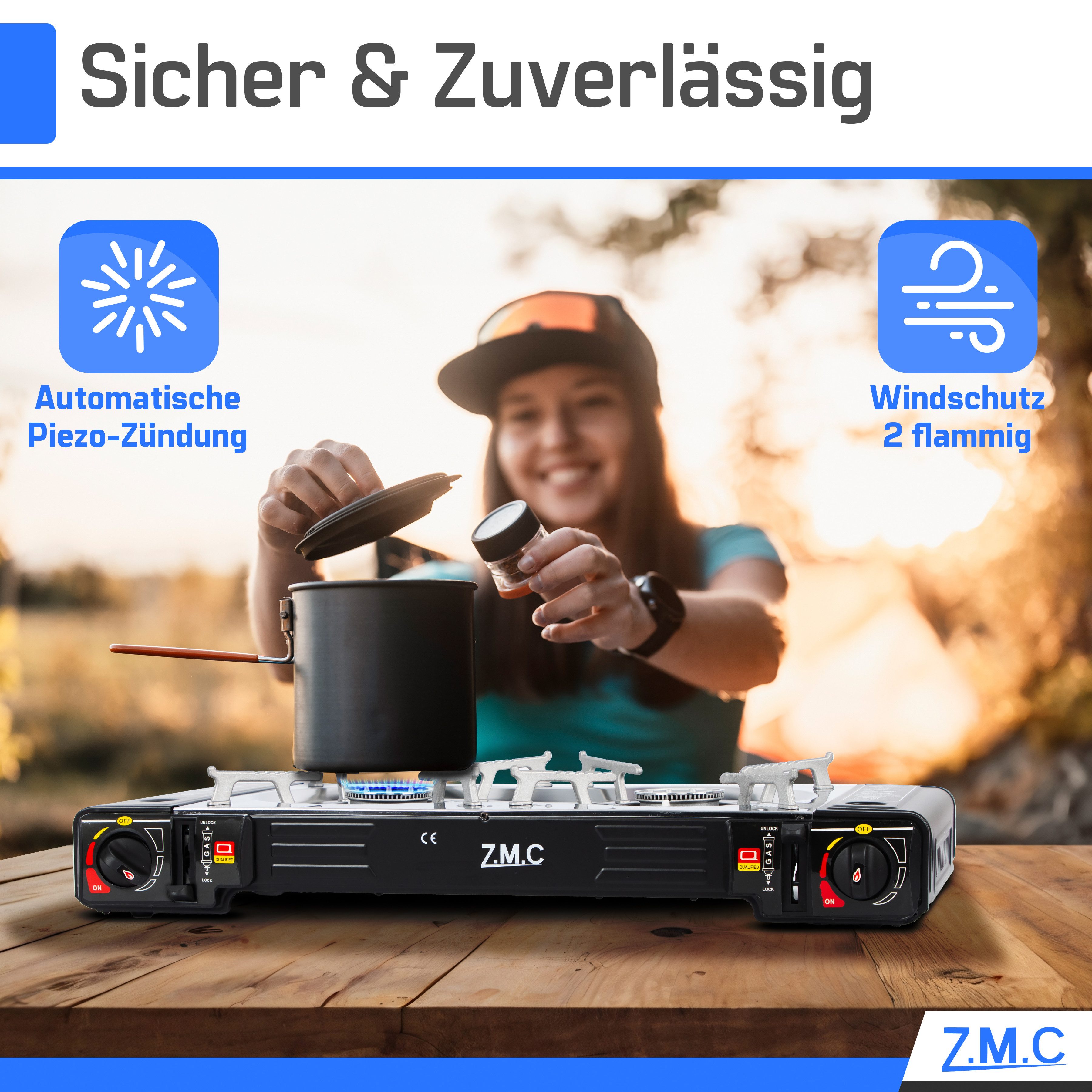 ZMC Gaskocher 2in1 Campingkocher Grillplatte mit Piezozündung + 16x Gaskartuschen, (2 Flammig Grill Platte Tischgrill Doppel Gasbrenner Gasgrill Kochfeld mit LP – Bild 5 von 5
