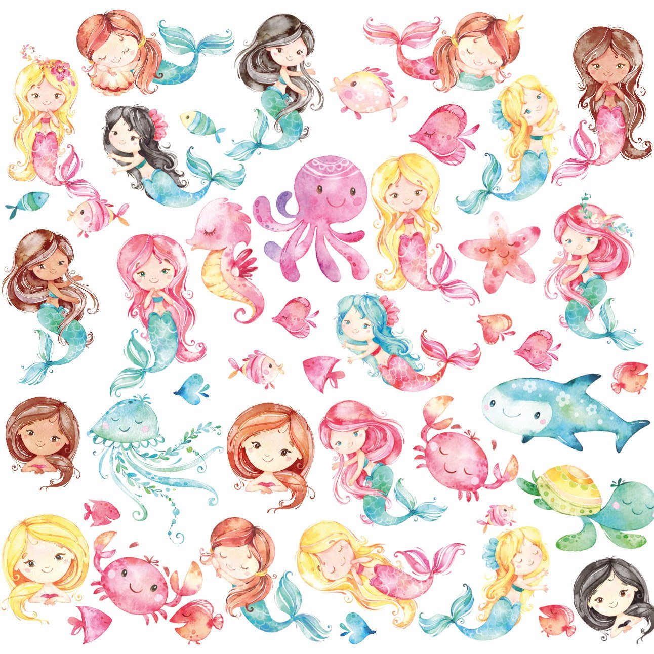 Sunnywall Wandtattoo XXL Wandtattoo Meerjungfrauen Set Kinderzimmer Unterwasserwelt