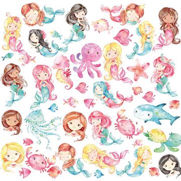 Sunnywall Wandtattoo XXL Wandtattoo Meerjungfrauen Set verschiedene Motive, Kinderzimmer Aufkleber bunt Wanddeko mermaid