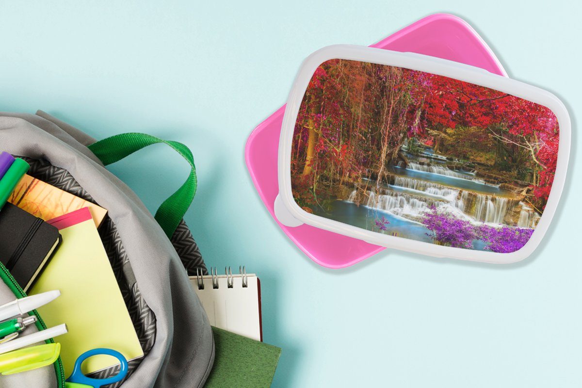 MuchoWow Lunchbox Brotbox Kunststoff (2-tlg), Wasserfall - Kinder, Mädchen, Kunststoff, Brotdose Erwachsene, - Rosa Bäume, für Snackbox