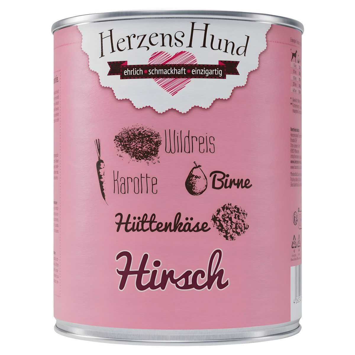 Herzenshund Hirsch mit Wildreis, Karotte, Birne, Hüttenkäse, Leinöl 800 g - 6 S, Nassfutter für: Hund