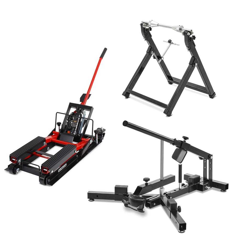 ConStands Motorradheber Hebebühne Mid-lift L bis 680 kg in rot + Wuchtbock WU-2 + Reifenmontie