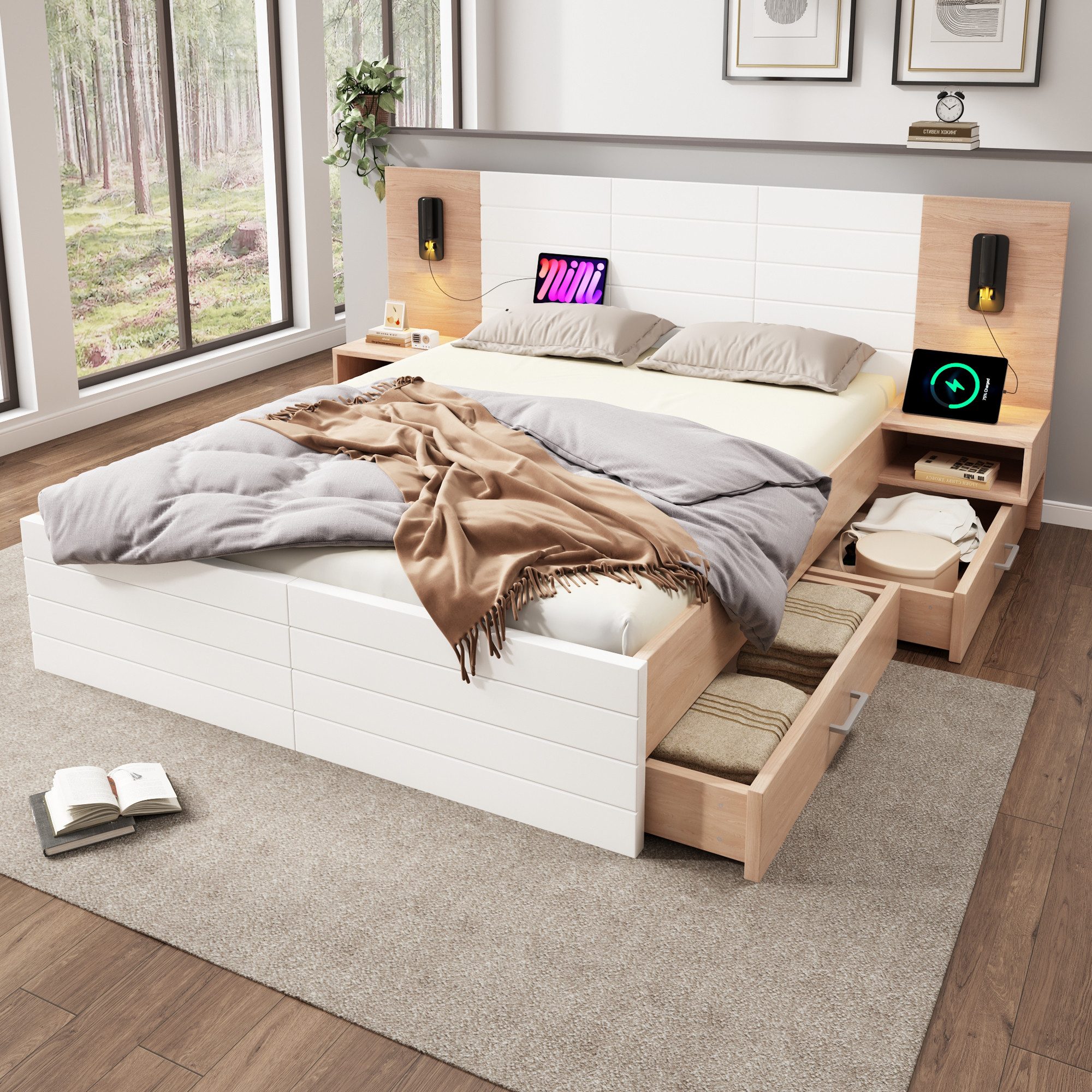 OKWISH Polsterbett Bettanlage mit Stauraum (Doppelbett, Holzbett, 1-tlg., 140×200cm, Ohne Matratze), mit 2 Schubladen, 2 Nachtkommode, Leselicht&USB Ladefunktion