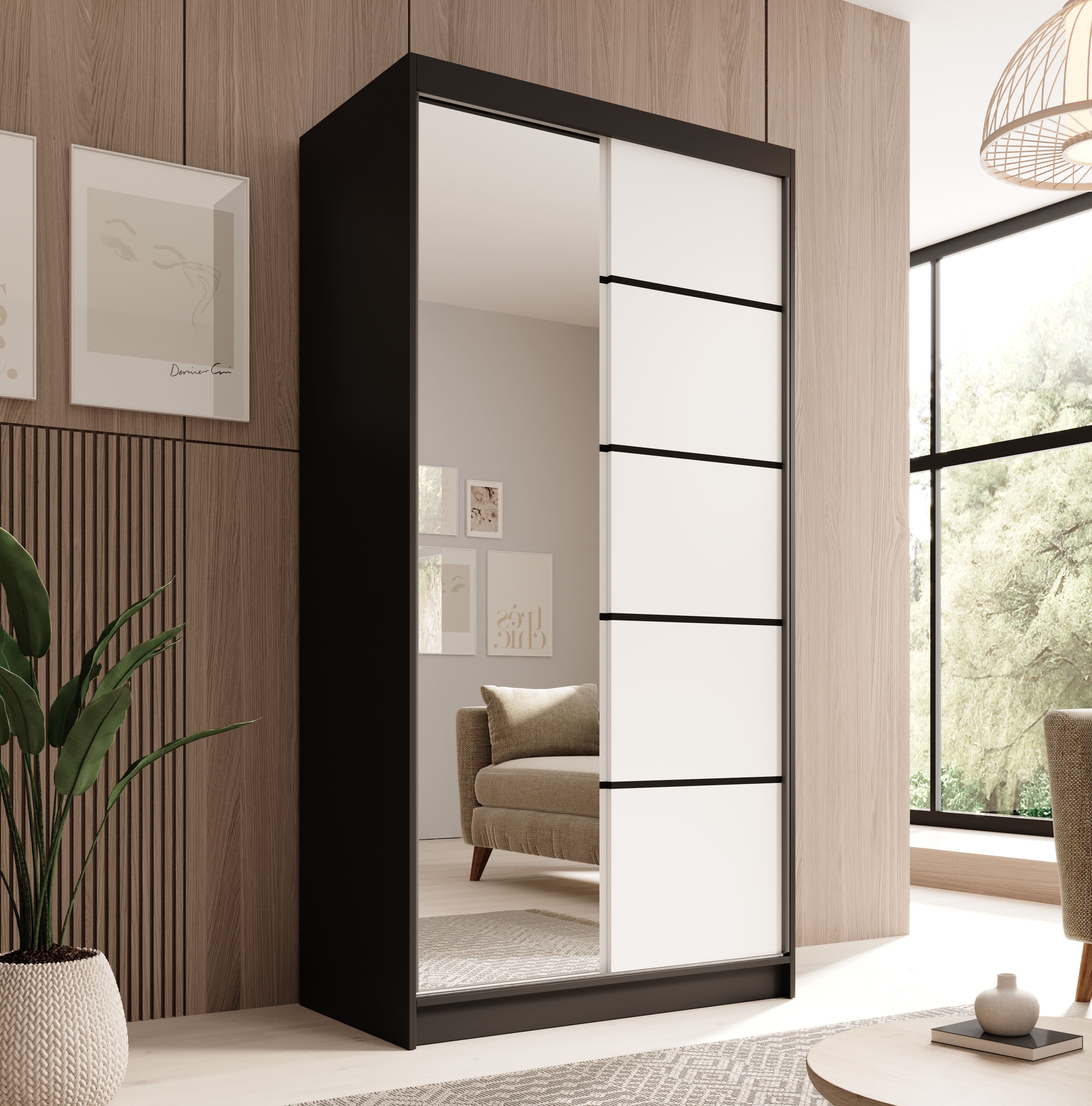 MOEBLO Schiebetürenschrank FIORA 100 (modern, platzsparend, mit Spiegel & viel Stauraum Schwebetürenschrank 2-türig Schrank Garderobe Schiebtüren Schlafzimmer Wohnzimmerschrank mit Spiegel) (BxHxT): 100x200x58cm