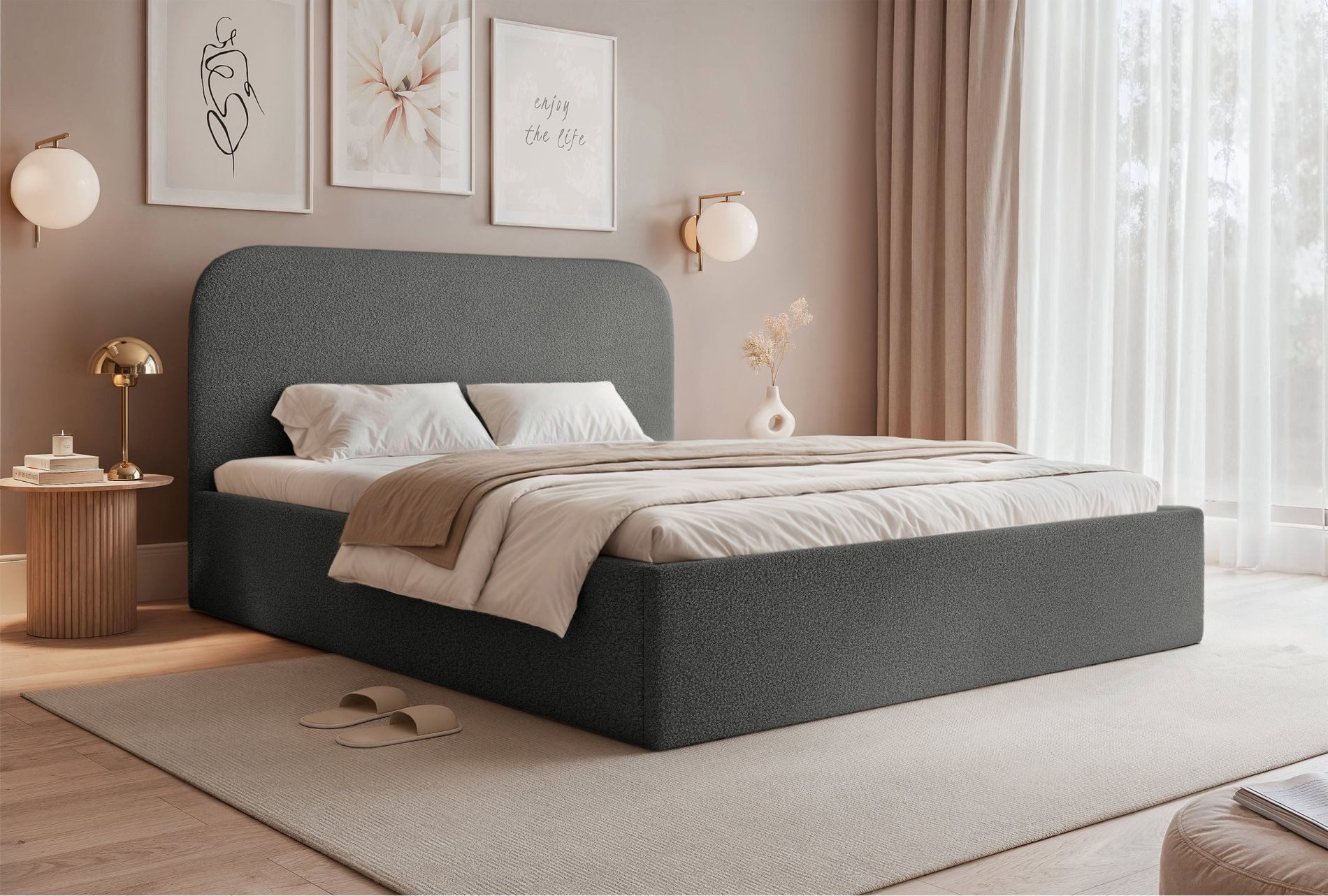 Selsey Polsterbett SONVIVO, Doppelbett mit Bettkasten & Kopfteil, 4 Breiten, Chenille oder Bouclé