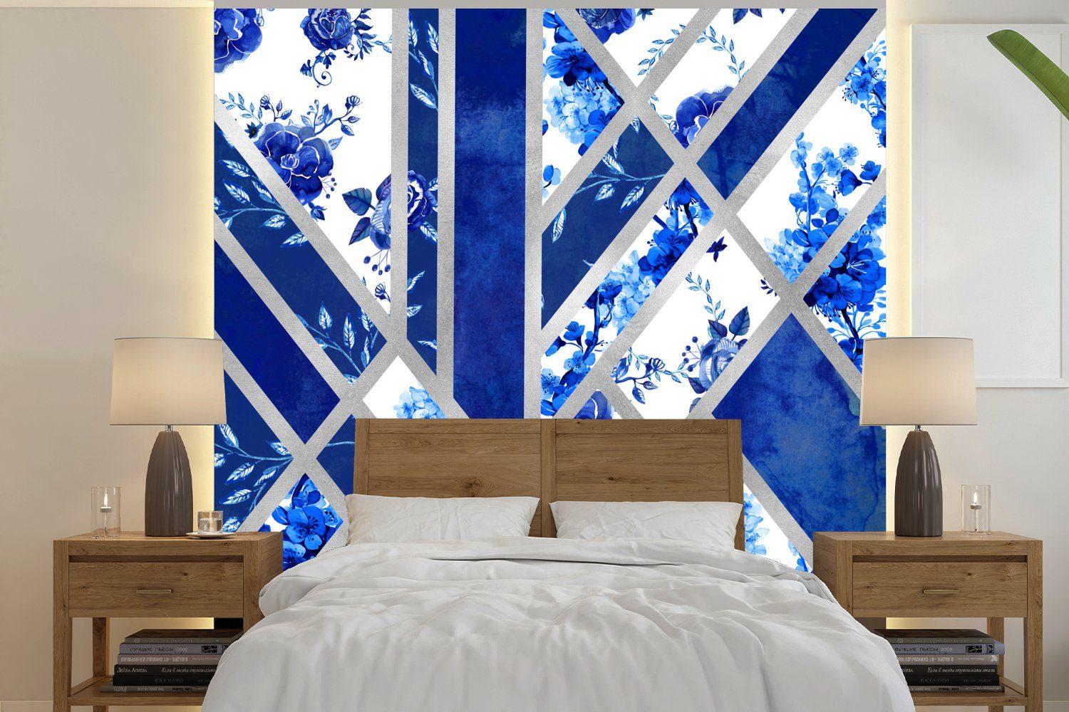 St), Schlafzimmer bedruckt, für Abstrakt, Vliestapete Fototapete Matt, Blau Küche, - Muster - Fototapete Wohnzimmer Delfter (4 MuchoWow