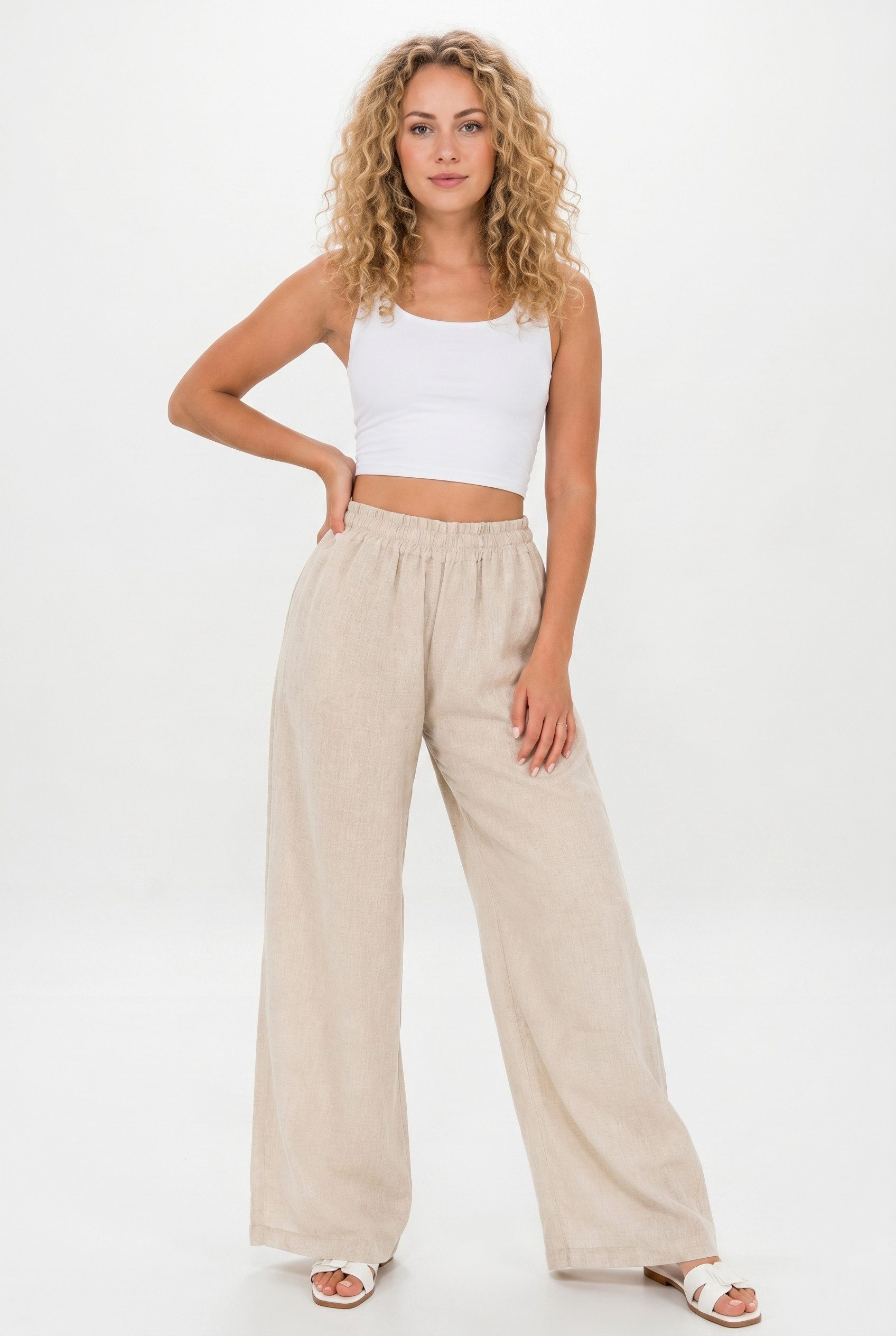 Kendindza Collection Leinenhose Sommerhose Damen leicht Locker weite Leinenhose Sommer Hose lang 100% Leinen, elastischer Gummibund, weites Bein Palazzo-Schnitt