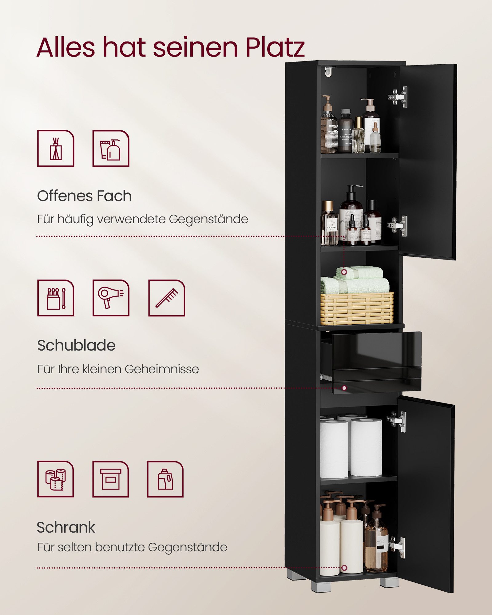 VASAGLE Badkommode Badezimmerschrank Badschrank Badezimmermöbel, verstellbare Ablagen, offenes Fach
