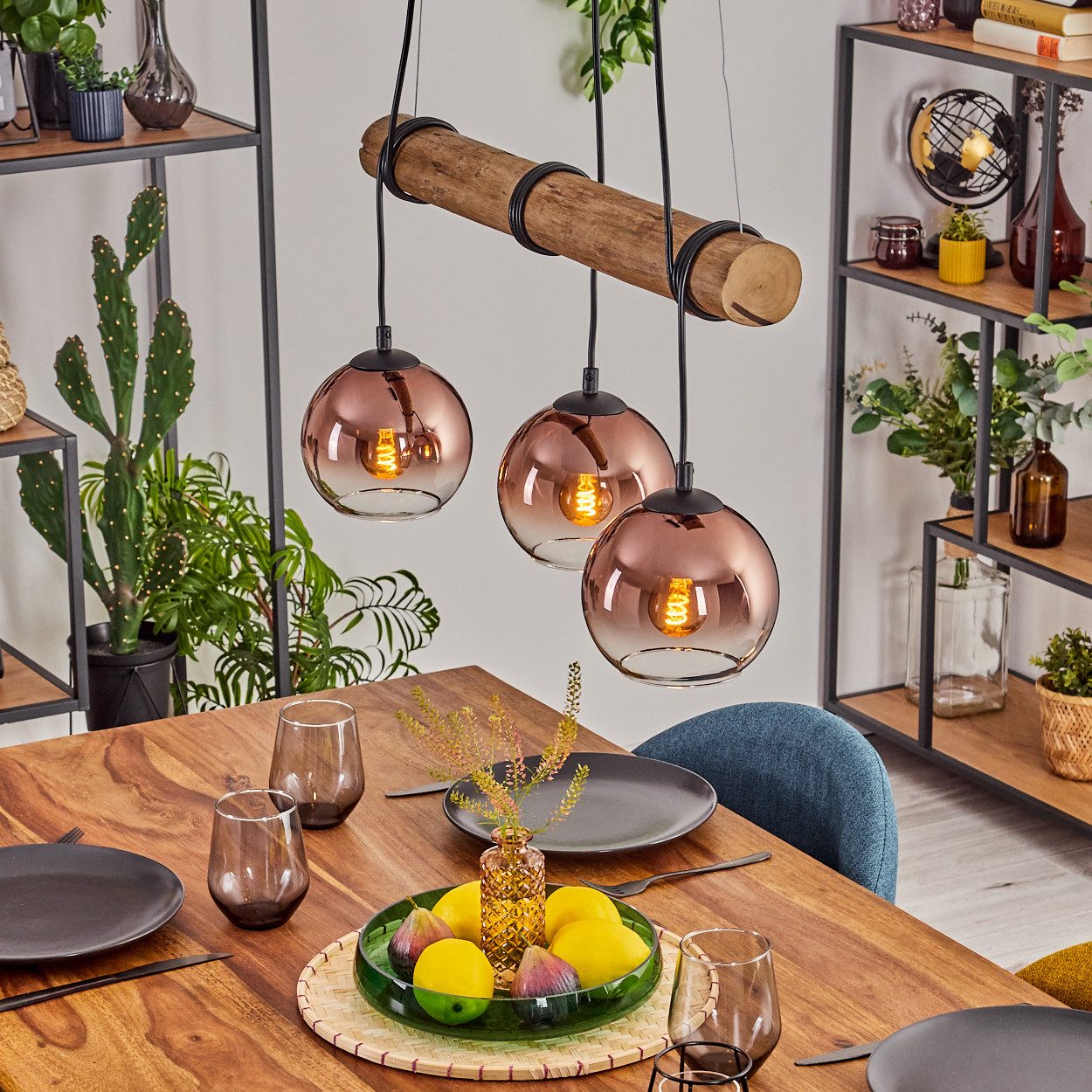 hofstein Pendelleuchte Hängelampe aus Metall/Holz/Glas in Schwarz/Natur-/Kupferfarben/Klar, ohne Leuchtmittel, Hängeleuchte im Boho-Design mit Glasschirmen und Holzbalken, 3 x E27