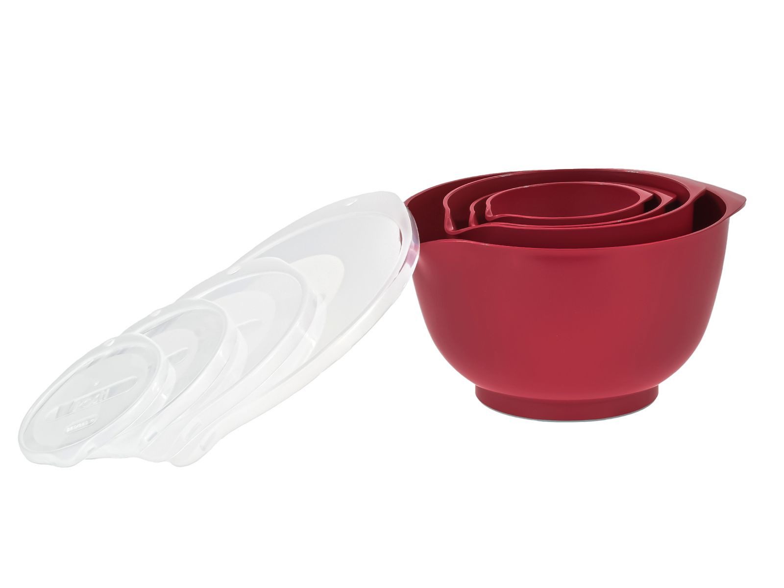ROSTI Rührschüssel "Margrethe New" 0,25 + 0,5 + 1,5 und 3 Liter Set mit Deckel, Kunststoff, (Spar-Set, 4-tlg), spülmaschinenfest, auch für Mikrowelle und Gefrierschrank (rot)