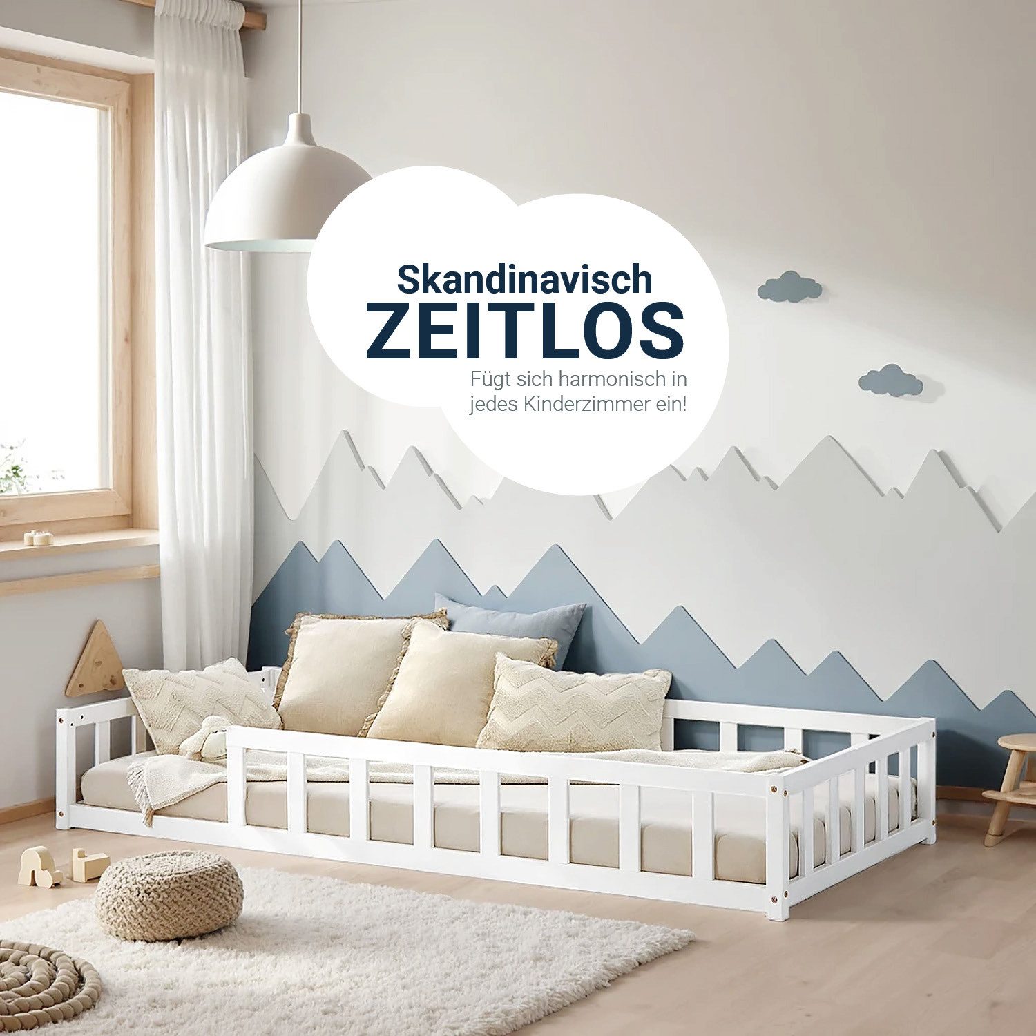 Homestyle4u Kinderbett Weiß mit Rausfallschutz 90x200 cm Bodenbett Lattenro günstig online kaufen