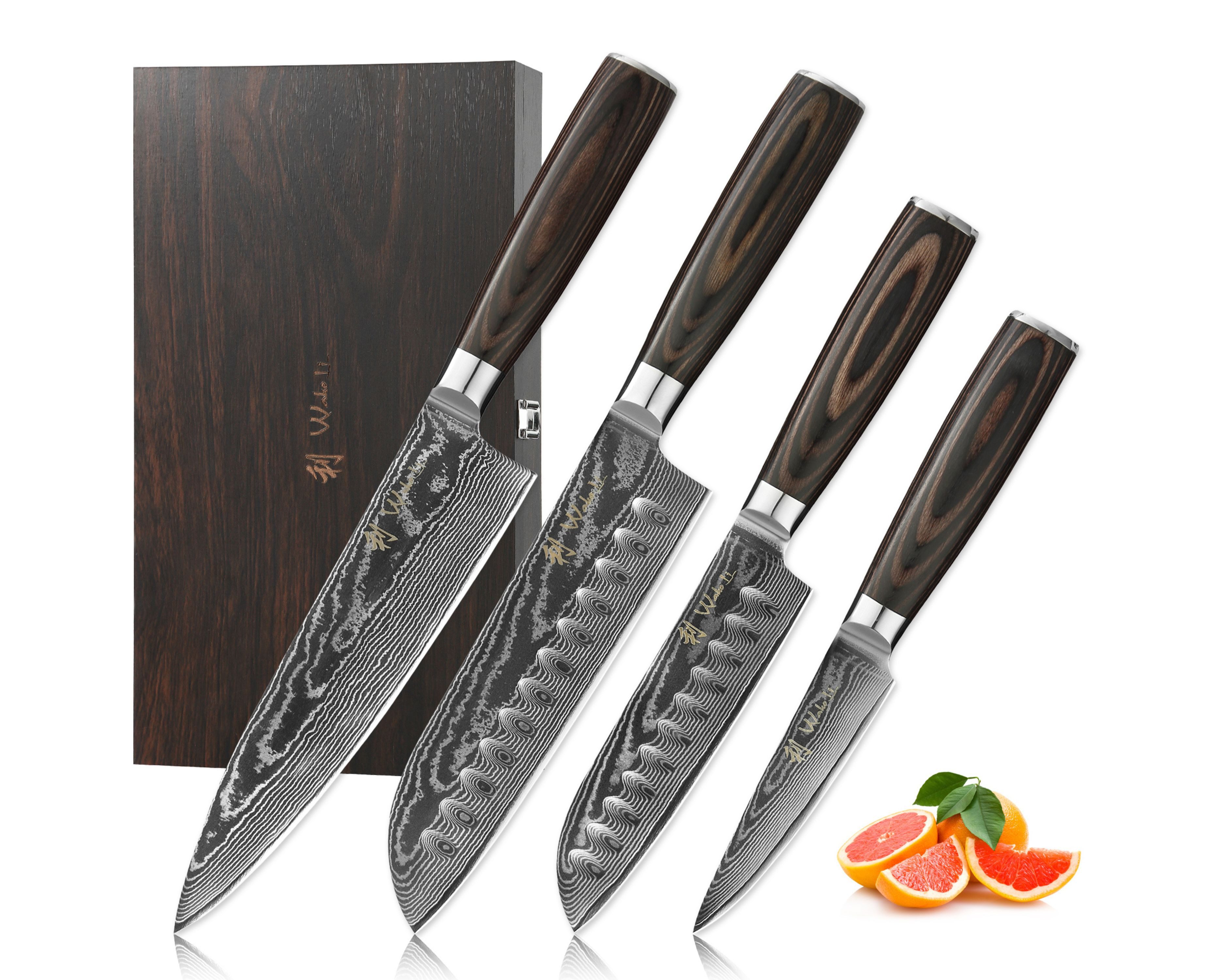 Wakoli Messer-Set EDIB Essentials 4er Damastmesser-Set Küchenmesser Kochmesser (Damastmesser mit Geschenkbox, 4-tlg., 4er Damastmesser-Set), VG10 Kern, 67 Lagen Damaststahl, Pakkaholzgriff, inkl. Geschenkbox