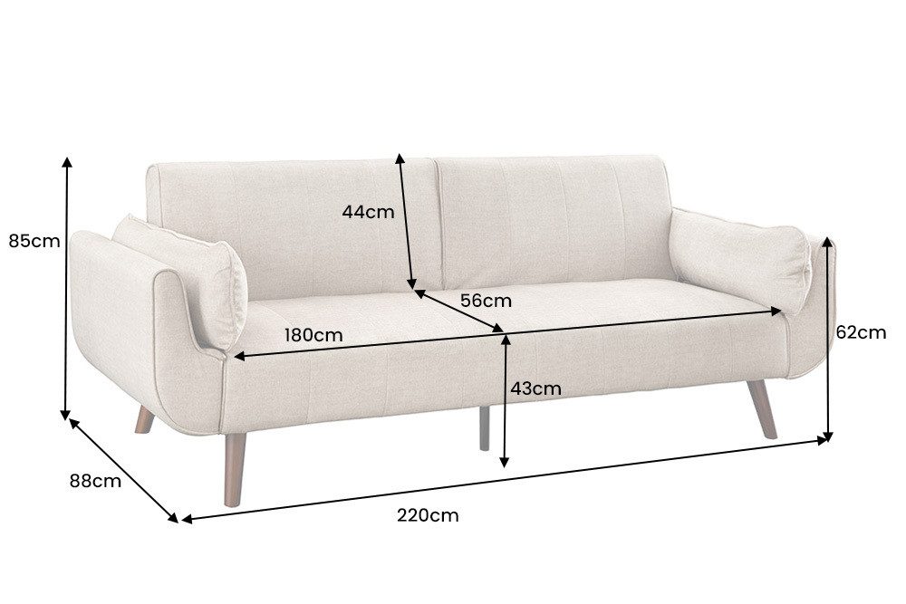 riess-ambiente Schlafsofa DIVANI 220cm champagner beige/braun - Samt, Walnussholz, inkl. Kissen, Einzelartikel 1 Teile, Retro 3-Sitzer mit Bettfunktion - ideal für Wohn- und Schlafzimmer