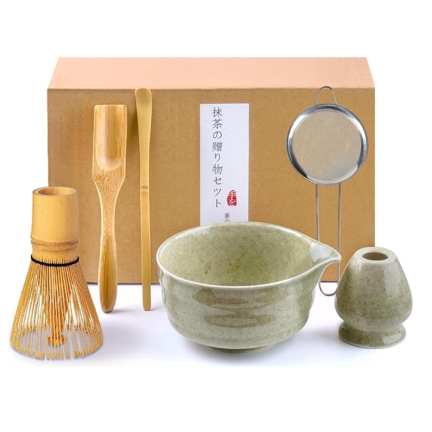 LuxusKollektion Schneebesen Matcha Set Keramik Bambus 6 teilig Grün Pflaume