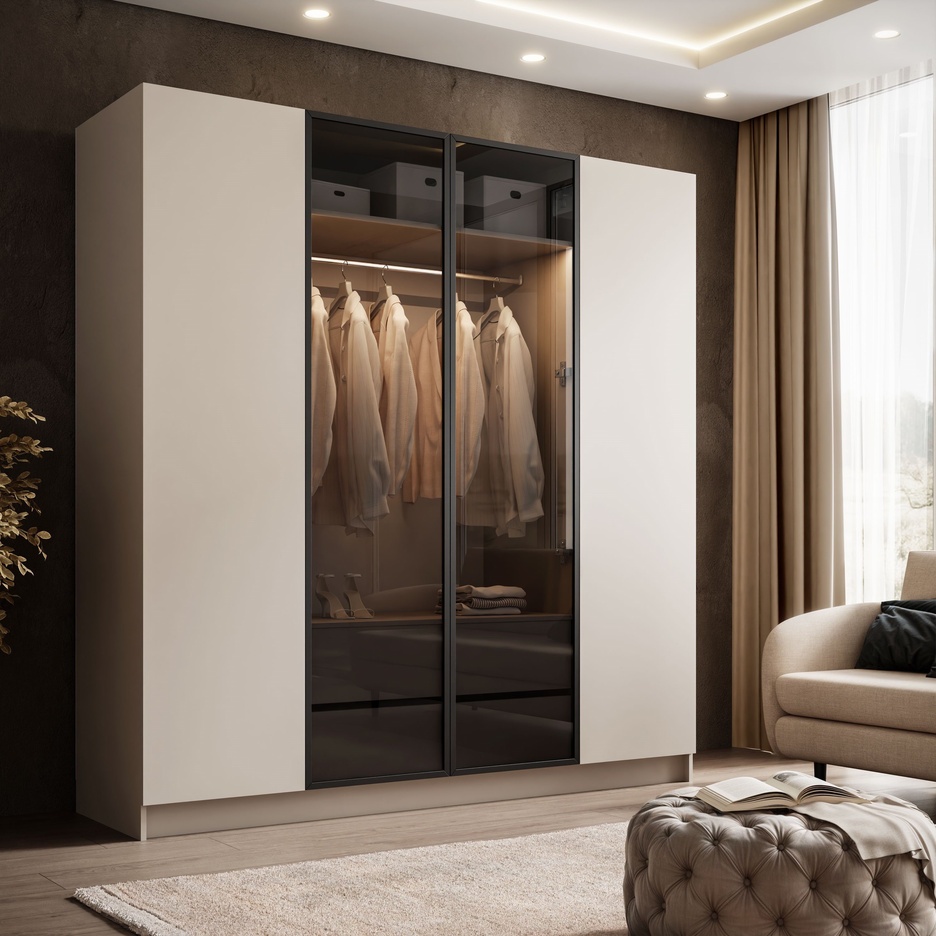 Lookway Kleiderschrank ATRIUM Vier­türiger Schrank mit Glasfront inklusive Trageservice