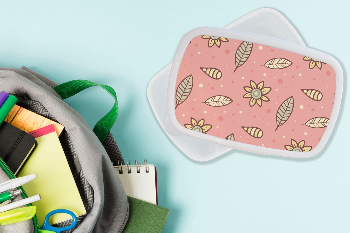 MuchoWow Lunchbox Muster - Kinder für Kinder, Jungs - und Mädchen und - Blumen Blätter Kunststoff, Mädchen Kinder Erwachsene, (2-tlg), - für Brotdose, - weiß Brotbox