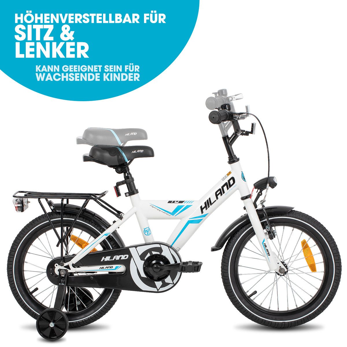 HILAND Kinderfahrrad Sentry 16/18 Zoll fahrrad für Jungen Kinder ab 4,5,6 Jahren, 1 Gang, mit Rücksitz/Gepäckträger Stützräder Handbremse