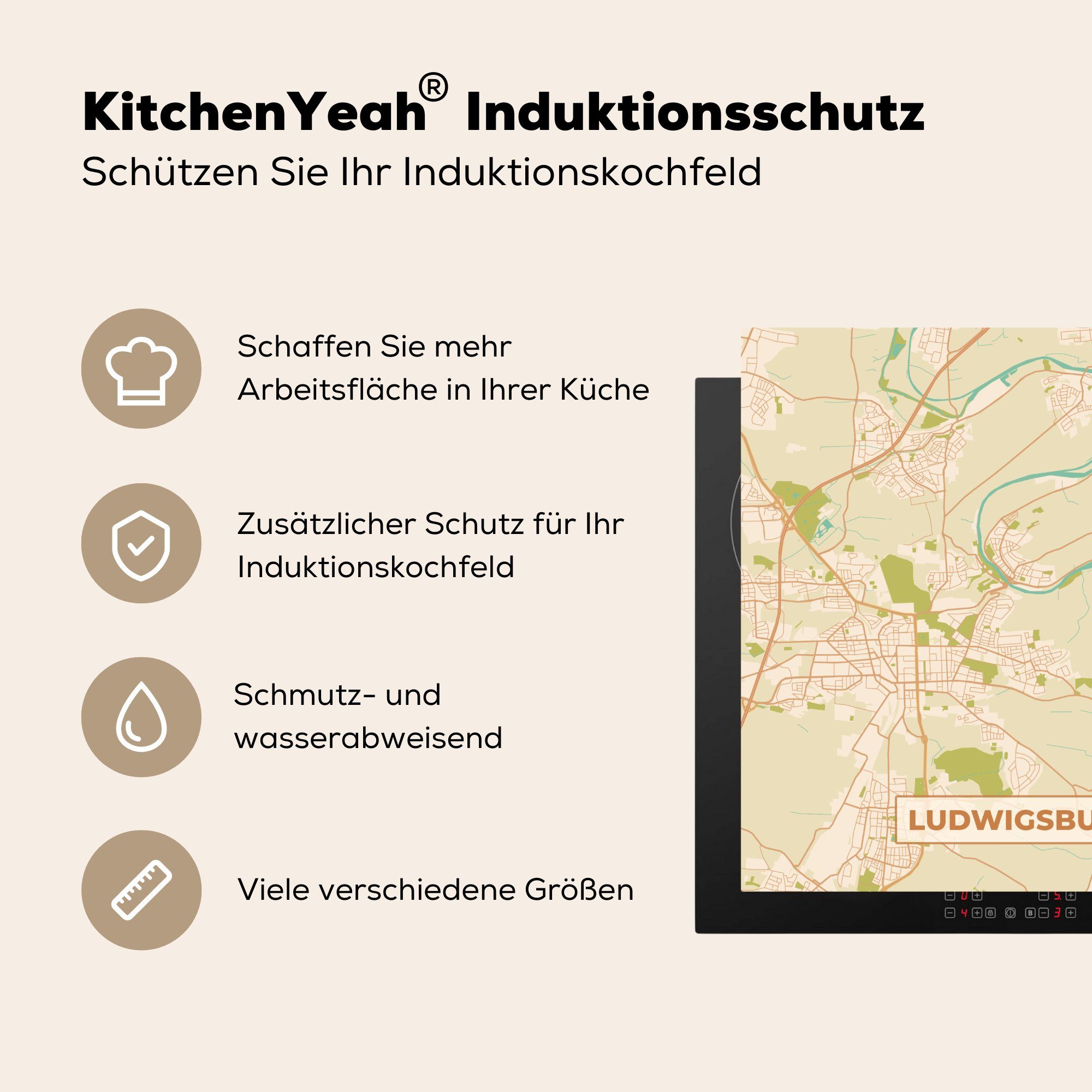 MuchoWow Herdblende-/Abdeckplatte Stadtplan - küche Ludwigsburg Ceranfeldabdeckung, 78x78 für (1 Vinyl, Arbeitsplatte cm, - Vintage, Stadtplan - tlg)