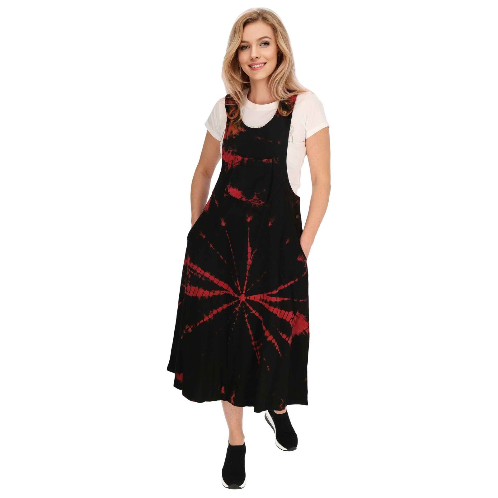 KUNST UND MAGIE Latzhose Schwarz Rot Tie / Ibiza Dy Latzkleid Sommerkleid Overall Batik 70er Boho bunt Hippie