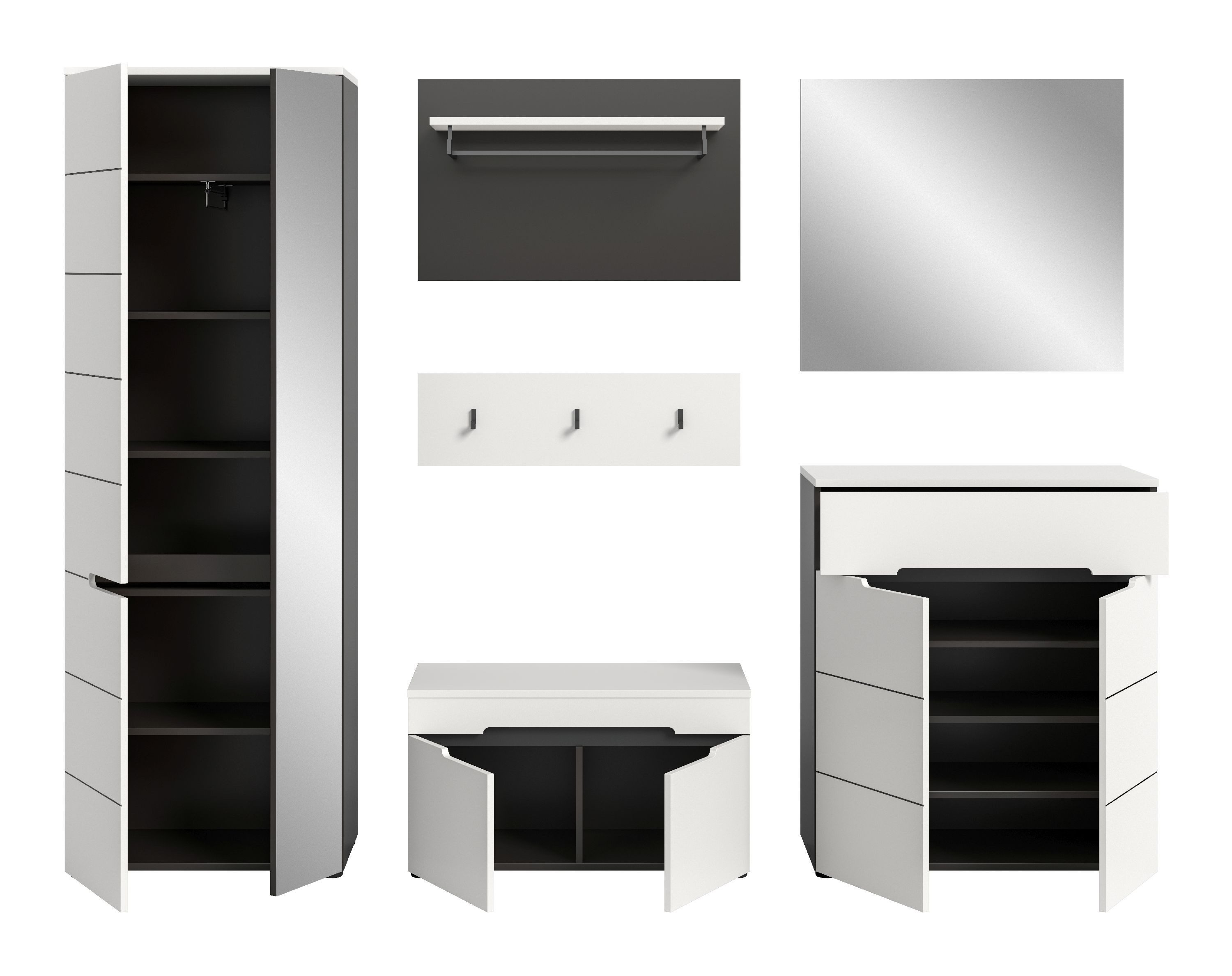 xonox.home Garderoben-Set, (5tlg. Set inkl. Garderobenschrank, Sitzbank, Paneel, Schuhkommode), Basalt grau Nachbildung Melamin beschichtet modern 255x190x37 cm