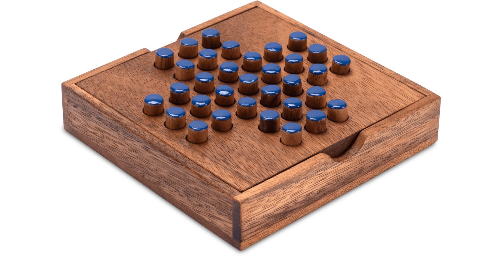 LOGOPLAY Spiel Solitär Gr. L blau, Gesellschaftsspiel, Solitär Gr. L mit blauen Steckern Solitaire Denkspiel aus Holz für 1